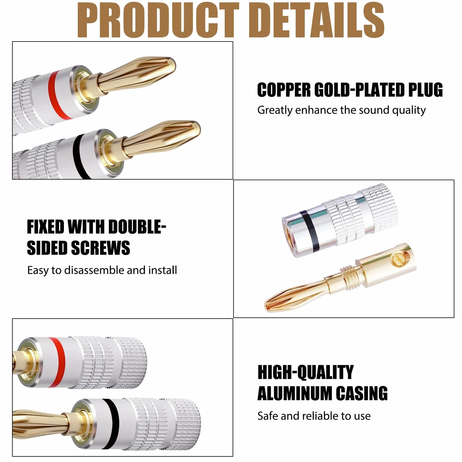 8 Piezas Conectores Banana para Altavoces 4mm Chapados en Oro 24K, Conectores de Audio HiFi para Cine en Casa, Compatibles con Cables de 0.75 mm a 4 mm (4 Rojos, 4 Negros)