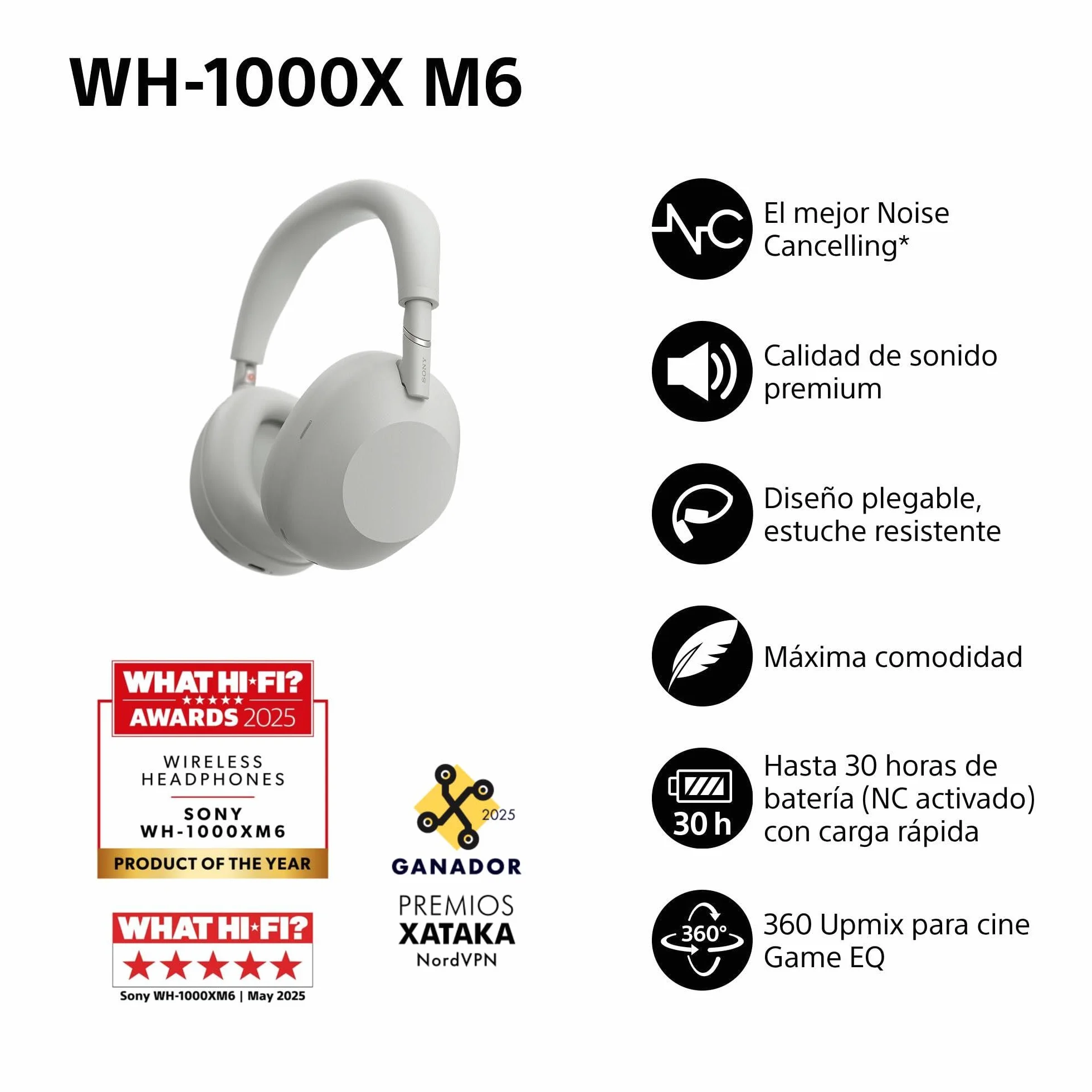 Sony WH-1000XM6 Auriculares Bluetooth inalámbricos con Noise Cancelling, Sonido de Alta resolución, cómodos, diseño Plegable, Estuche Resistente, 30 Horas de batería, iOS y Android - Plata