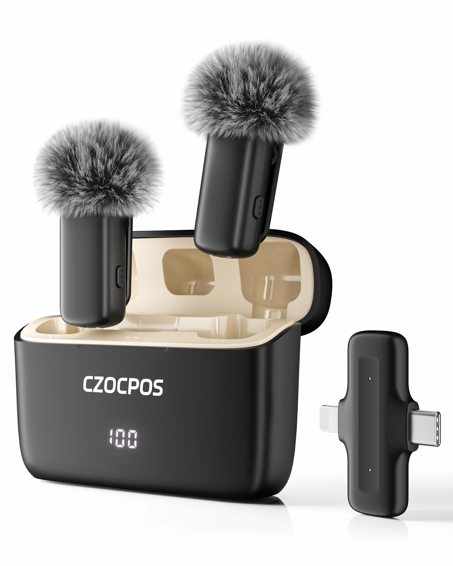CZOCPOS Micrófono inalámbrico para Phone, Pad y Android con Estuche de Carga, 2 micrófonos de Solapa Plug & Play, reducción de Ruido, Mini micrófono para Video, Youtube, Vlog y Streaming