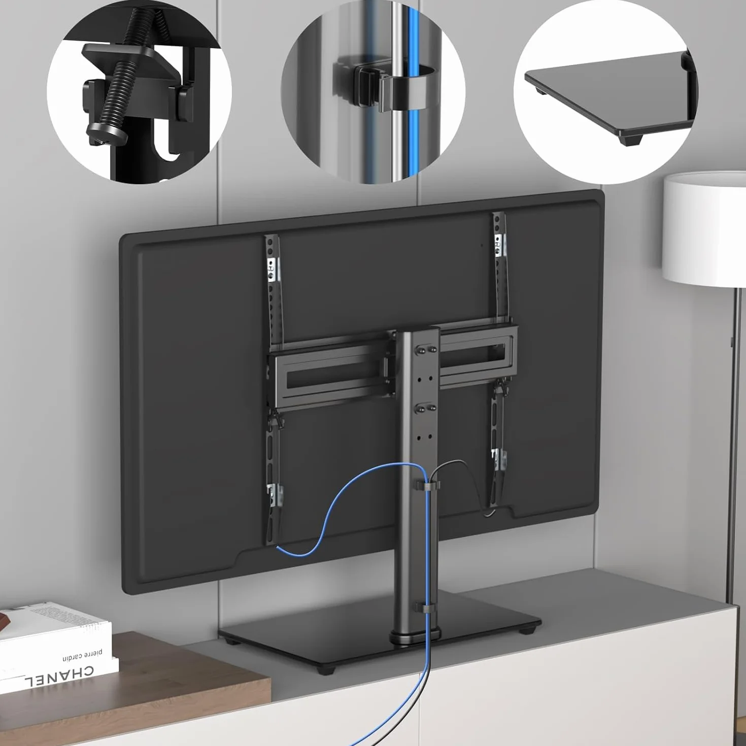 Suptek Soporte TV Pie para Mesa: Base de TV 26-55 Pulgadas Vidrio Templado 8mm Giratorio ±50° Altura Ajustable 45kg VESA 400x400mm