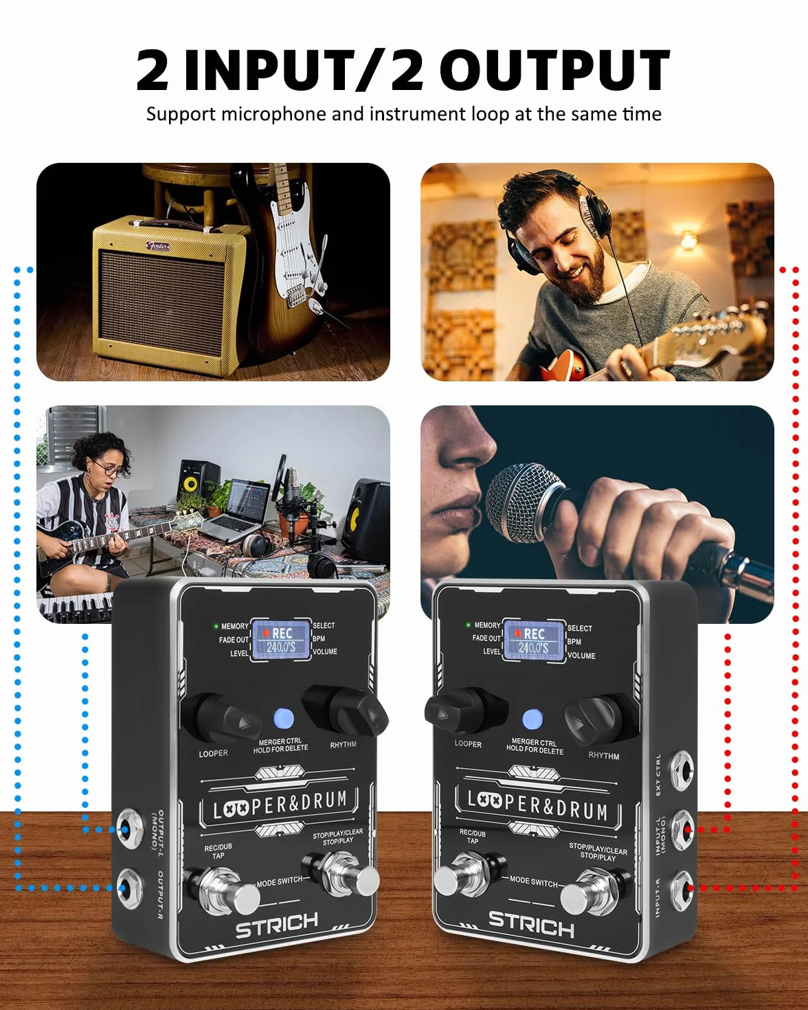 STRICH Pedal de guitarra estéreo Looper con máquina de tambor integrada, 100 patrones de batería, 160 minutos de grabación, USB para audio, soporte