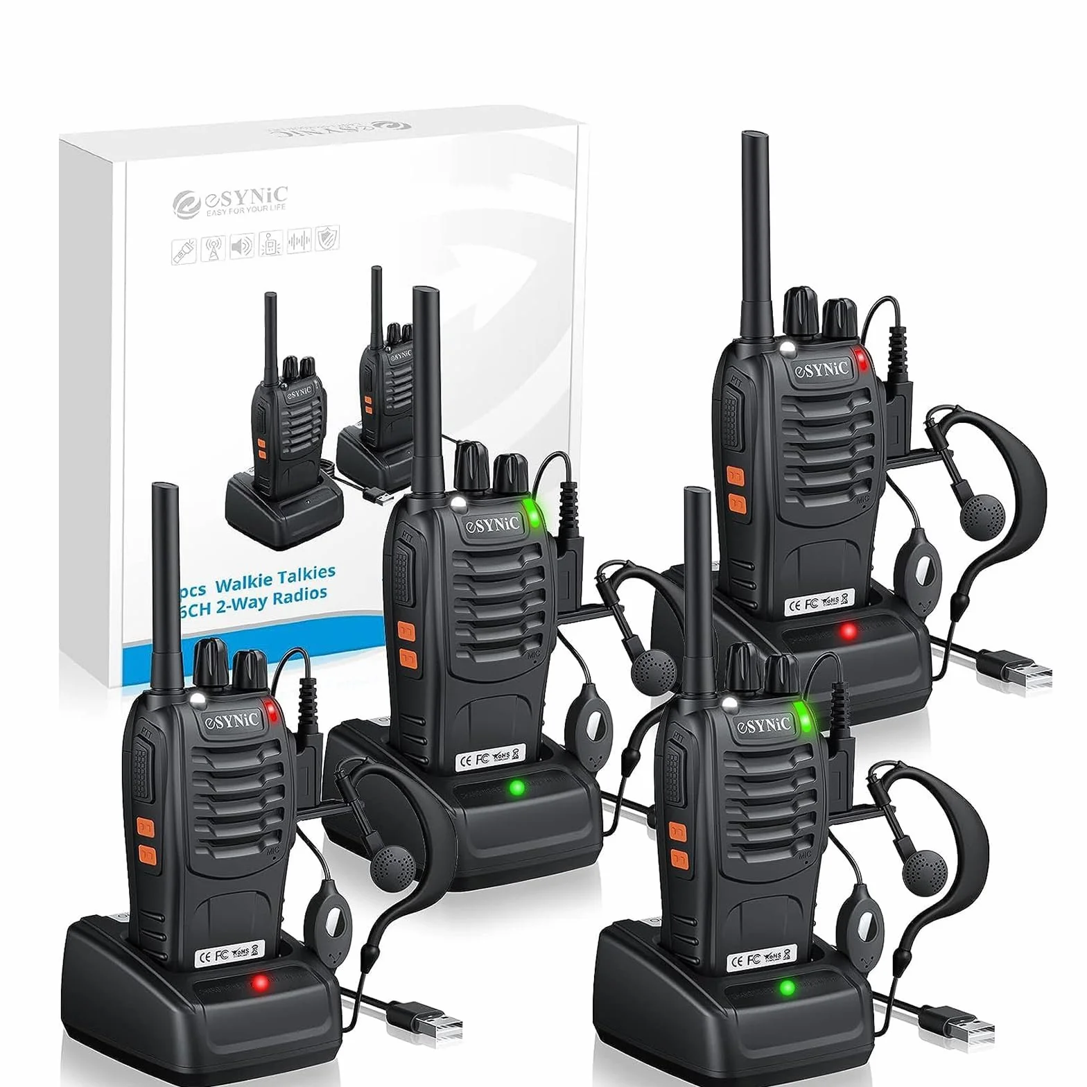 eSynic 4PCS Walkie Talkie Recargable 16 Canales Walkie Talkie de Largo Alance con Auriculares Originales CTCSS DCS Walky Talky Admite VOX LED Linterna para Ciclismo y Senderismo,etc