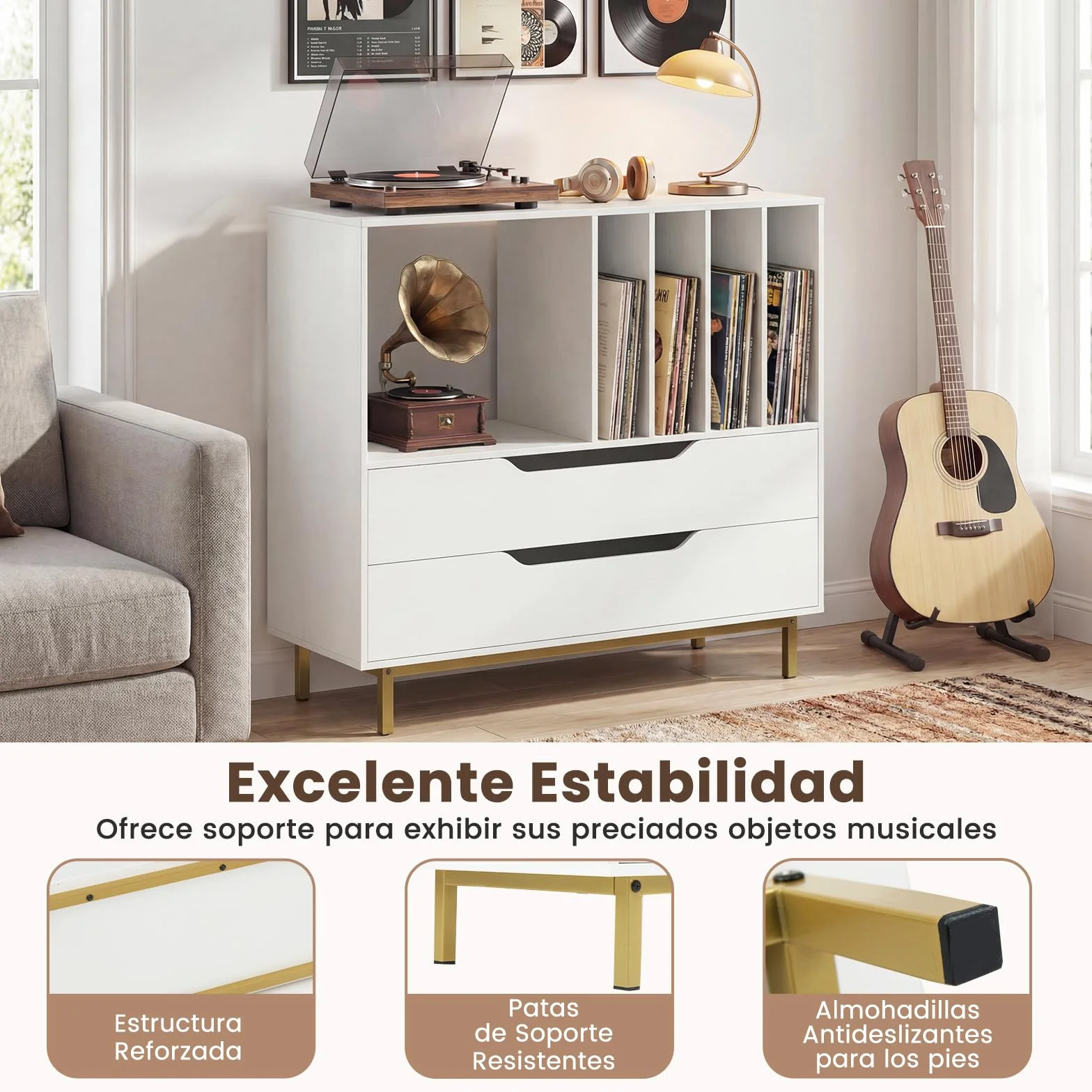 COSTWAY Mueble Tocadiscos, Soporte para Tocadiscos con Compartimento Abierto, 4 Estantes de Vinilos, 2 Cajones y Patas de Metal, Mesa Auxiliar de Discos Vinilos para Salón, 91 x 36 x 87 cm (Blanco)