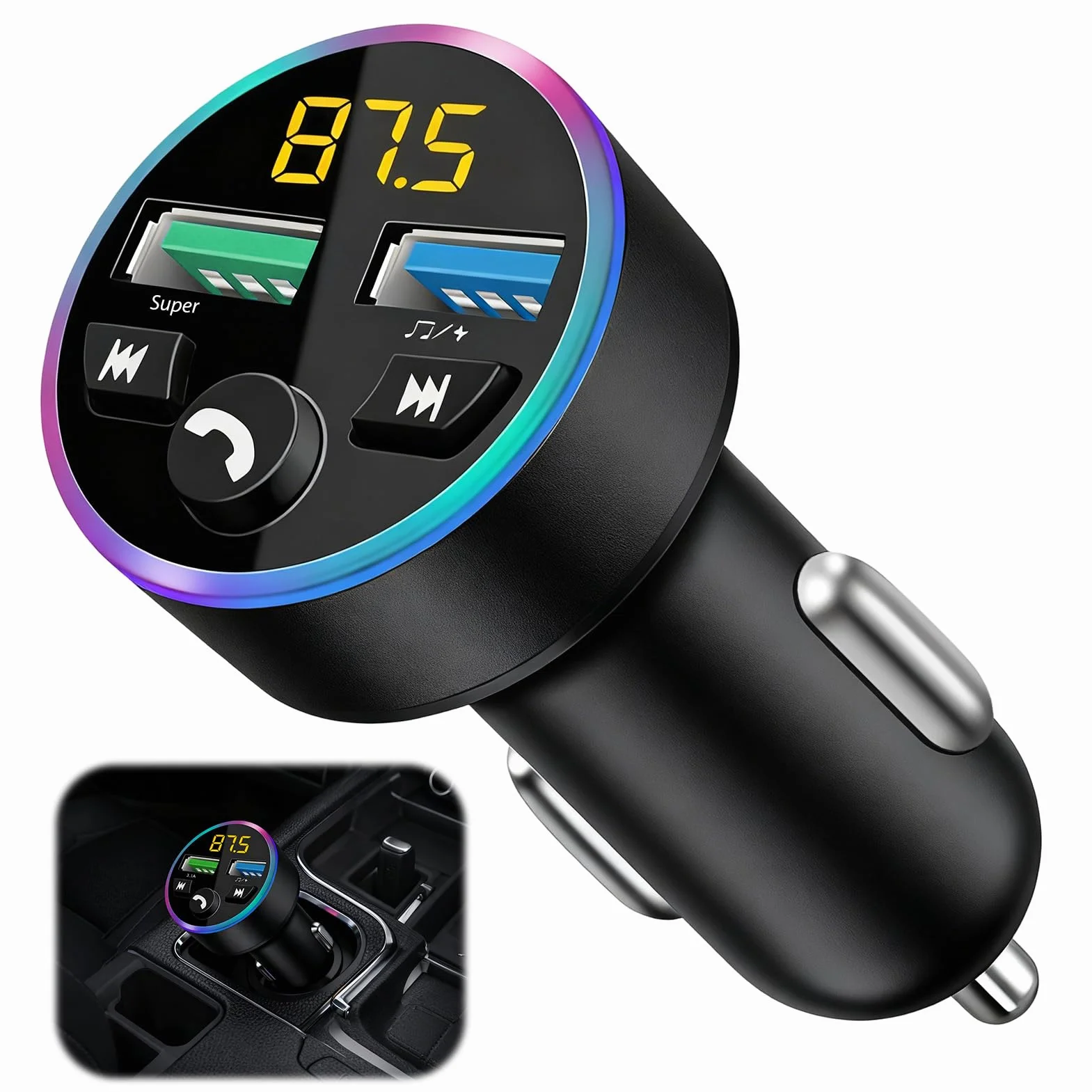 Transmisor FM para Coche - Adaptador Bluetooth 5.0 - Bluetooth para Coche - Reproductor MP3 - Transmisor FM Metálico - Dual - Llamadas Manos Libres, Cargador Rápido para Mechero QC 3.0