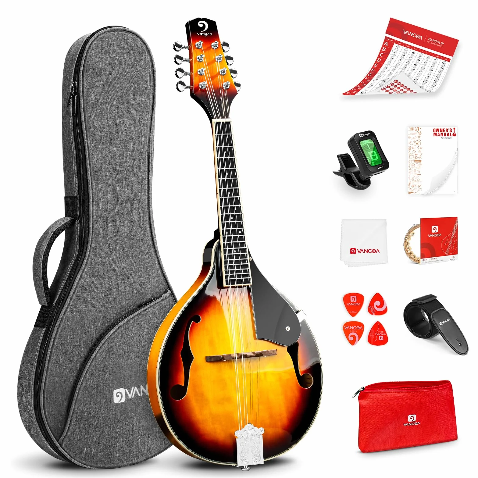 Vangoa Mandolina de 8 Cuerdas Acústica A-Estilo Tradicional Bluegrass Instrumento de Mandolinas para Principiantes, Sunburst