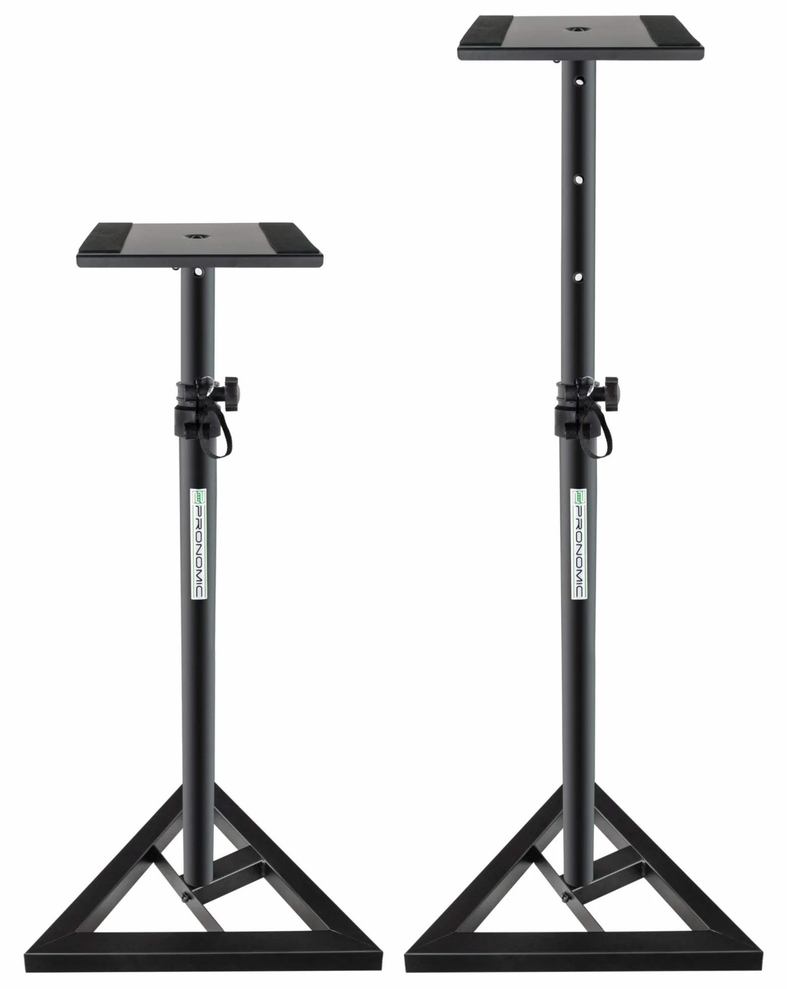 Pronomic SLS-10 2x Soporte de altavoz para monitor de estudio - Altura ajustable de 80 cm a 130 cm, base triangular, pies de goma, pies con pinchos, acero, placa de soporte con tiras de goma - Negro