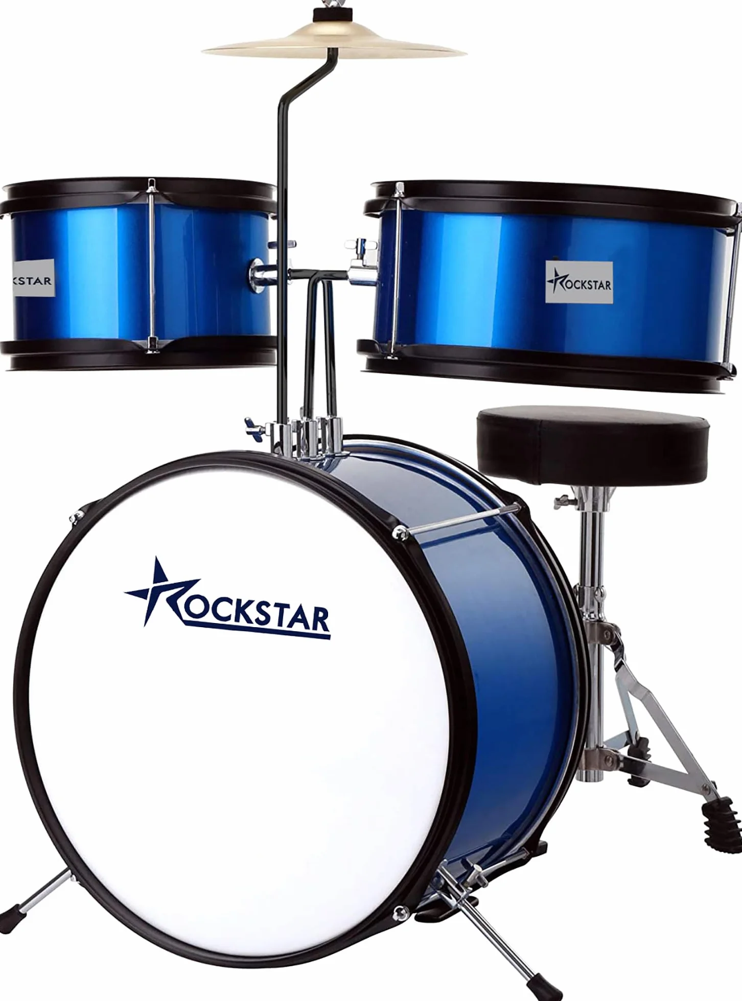 ROCKSTAR MUSIC - Batería Infantil de Madera para Jóvenes Músicos - Kit Completo de Percusión, Calidad Sonora Excepcional, Diseño Ergonómico - Incluye Asiento, Pedal de Bombo, Baquetas, Azul metalizado