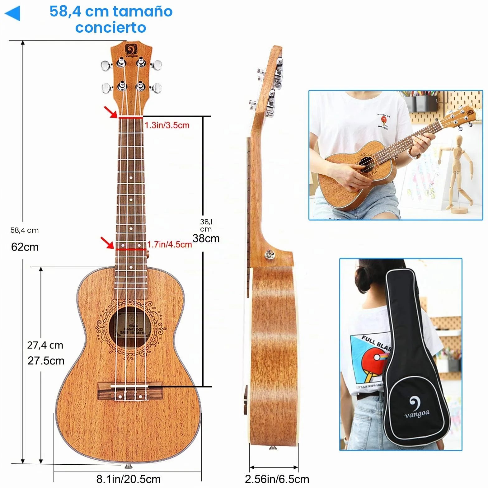 Vangoa Conciertos Ukelele Caoba 23 Pulgada Acústico Hawaiian Ukulele Kit para Principiantes, Estudiante, Intermedio