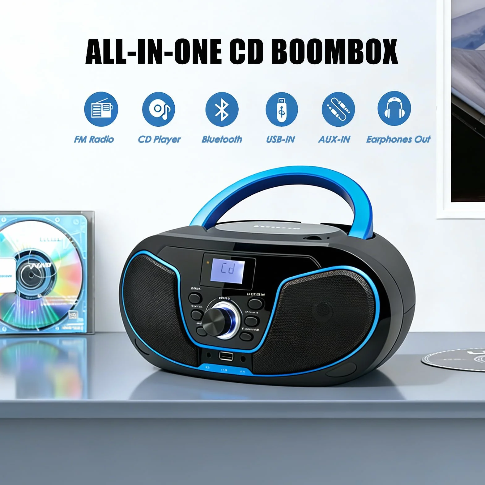 LONPOO Reproductor de CD portátil Boombox estéreo con Radio FM Bluetooth USB AUX Compacto CA o batería