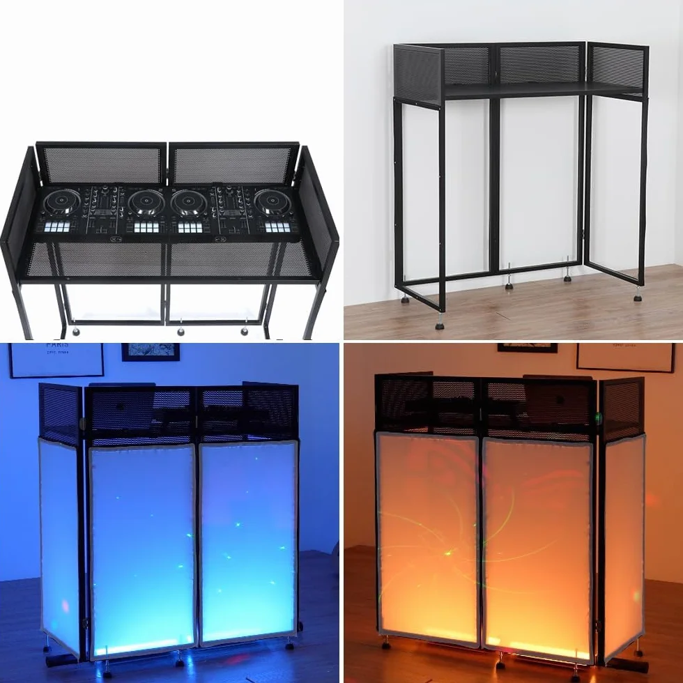 Kokorona Cabina de DJ Portátil 108 x 51 x 115 cm, Cabina de Fachada de DJ con Pantallas Negras y Blancas, Cabina de DJ Plegable Ajustable para Fiestas, Estación de Mesa de Fachada de DJ con Orificio