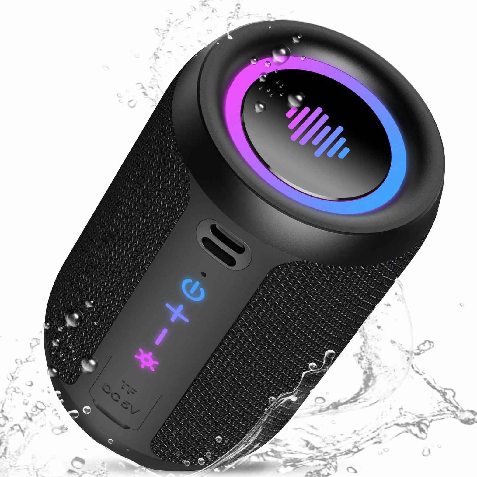 Altavoz Bluetooth Potente 5.4, 15W Pequeño Portatil Altavoz Bluetooth, 360° Sonido Estéreo TWS, Luces LED de Colores Inteligentes, Impermeable IPX7, 12H de Reproducción, para Exterior/Viajes/Fiestas