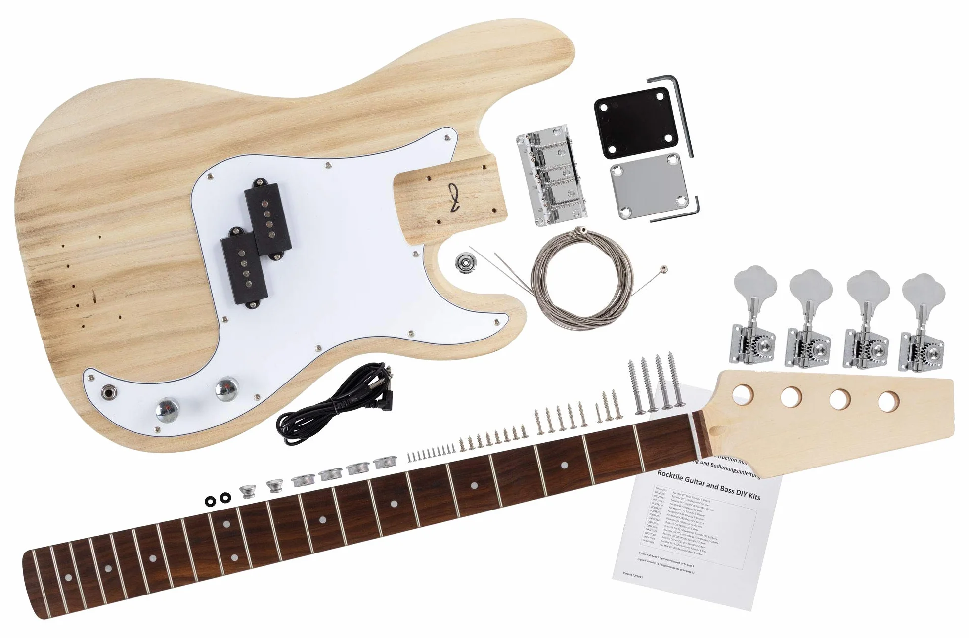 Rocktile Kit De Bajo Eléctrico PB-Style - Kit DIY Completo Para Bajo Eléctrico Con Electrónica Incluida - Cuerpo De Paulownia - Mástil De Arce - Diapasón De Palisandro - Pickup Split-Coil - Natural