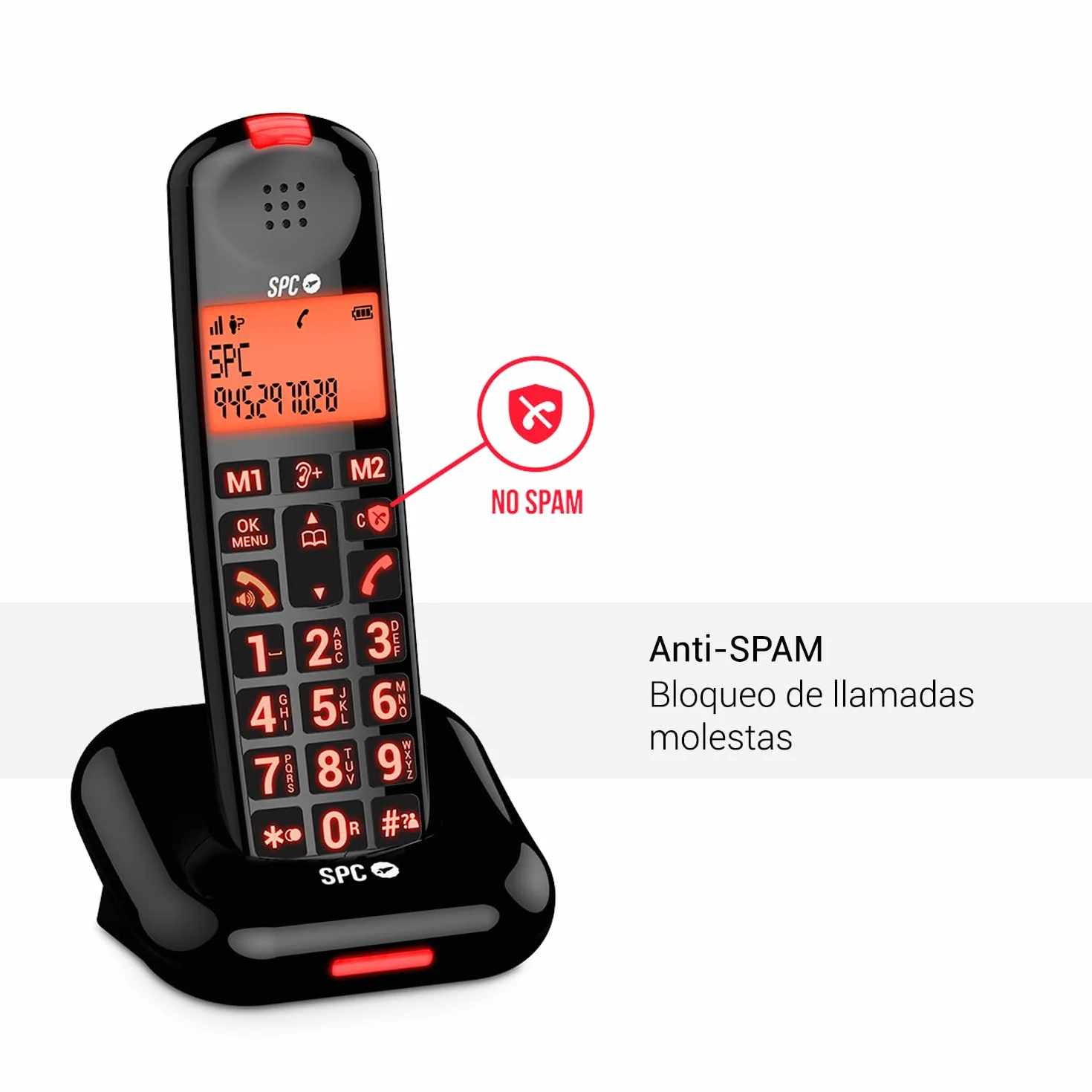 SPC Comfort Kairo - Teléfono inalámbrico para Personas Mayores con Teclas Grandes, Sonido extramplificado, Compatible audífonos, función Bloqueo Llamada, señal Luminosa y 2 memorias directas – Negro