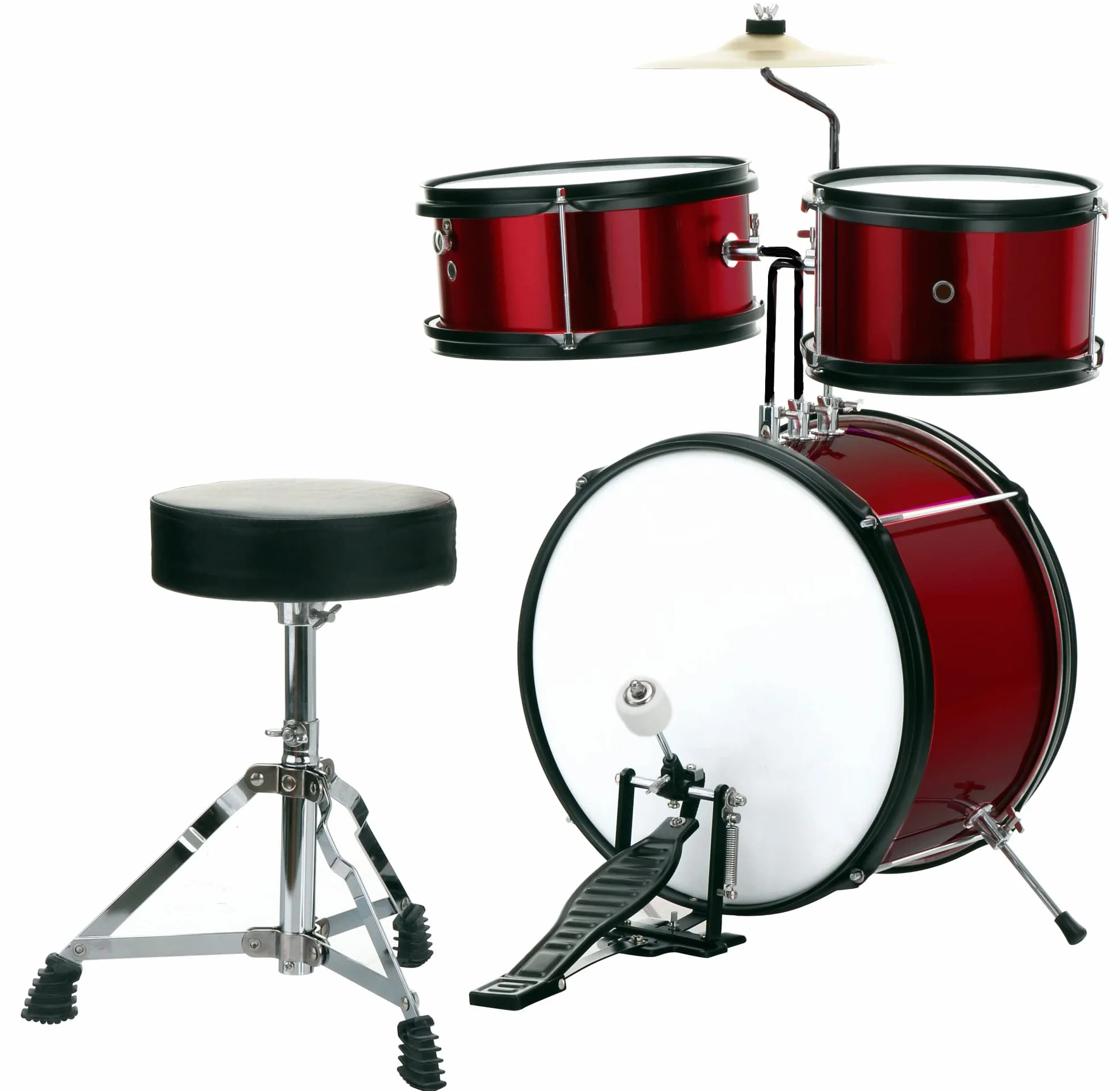 ROCKSTAR MUSIC - Batería Infantil de Madera para Jóvenes Músicos - Kit Completo de Percusión, Calidad Sonora Excepcional, Diseño Ergonómico - Incluye Asiento, Pedal de Bombo, Baquetas, Vino metalizado