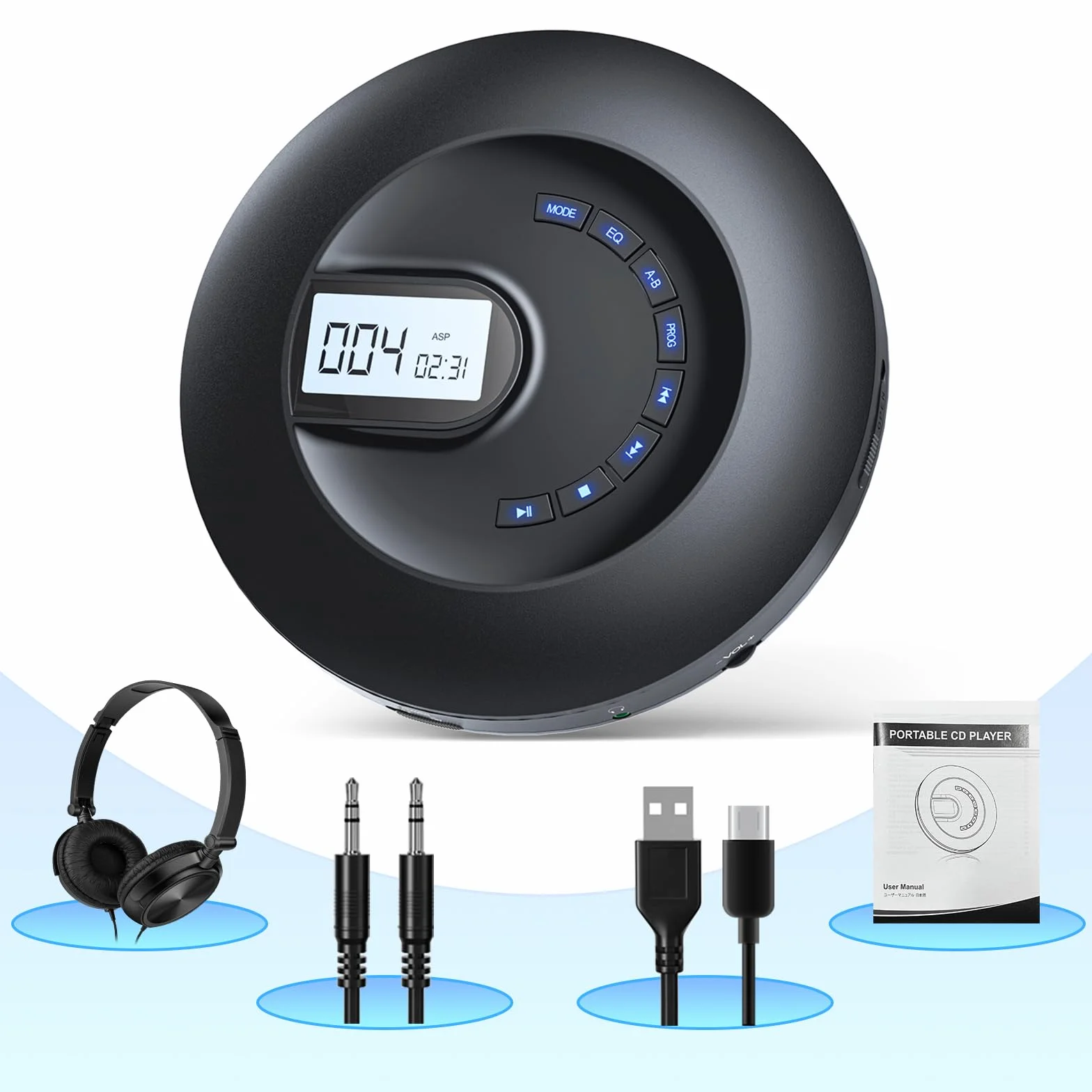 Reproductor de CD Portátil Recargable con Auriculares Antisaltos para Coche Viajes