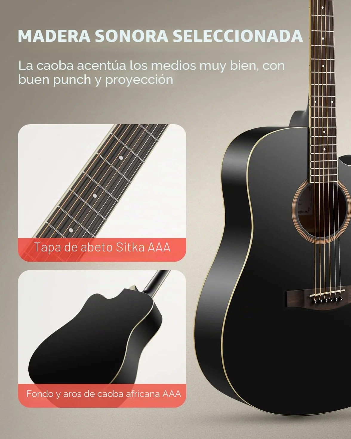 Donner Guitarra Acústica de Adulto Guitarra Cutaway 4/4 Kit Dreadnought 41 Pulgadas de Principiante con Cuerde Afinador Cejilla Negra
