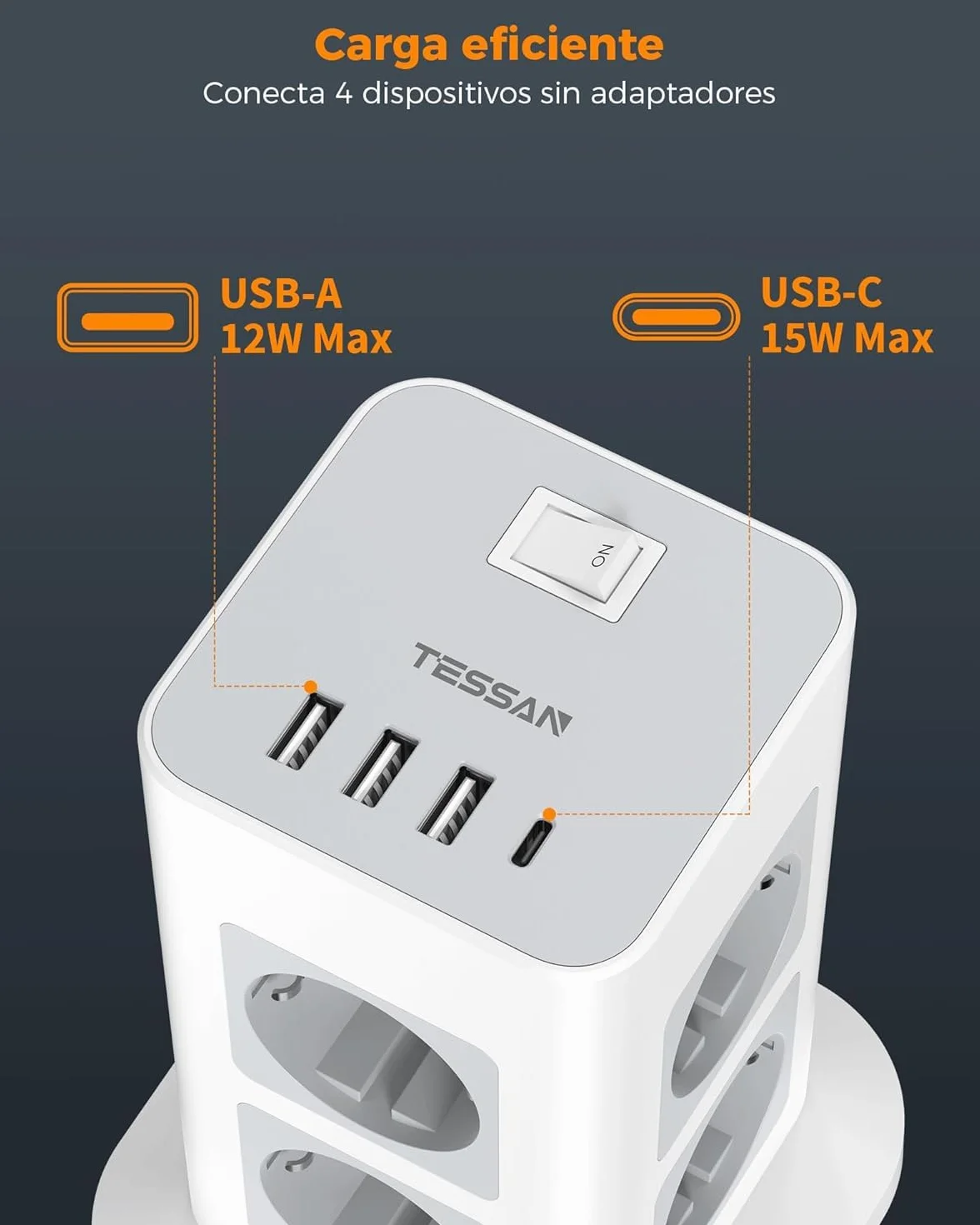 TESSAN Regletas Enchufes Proteccion Sobretension 8 Tomas con 3 USB A y 1 USB C, Torre Enchufes Vertical con Interruptor, 2 Metros Extension Cord, Alargador Enchufe 3600W para Oficina, Casa, Gray