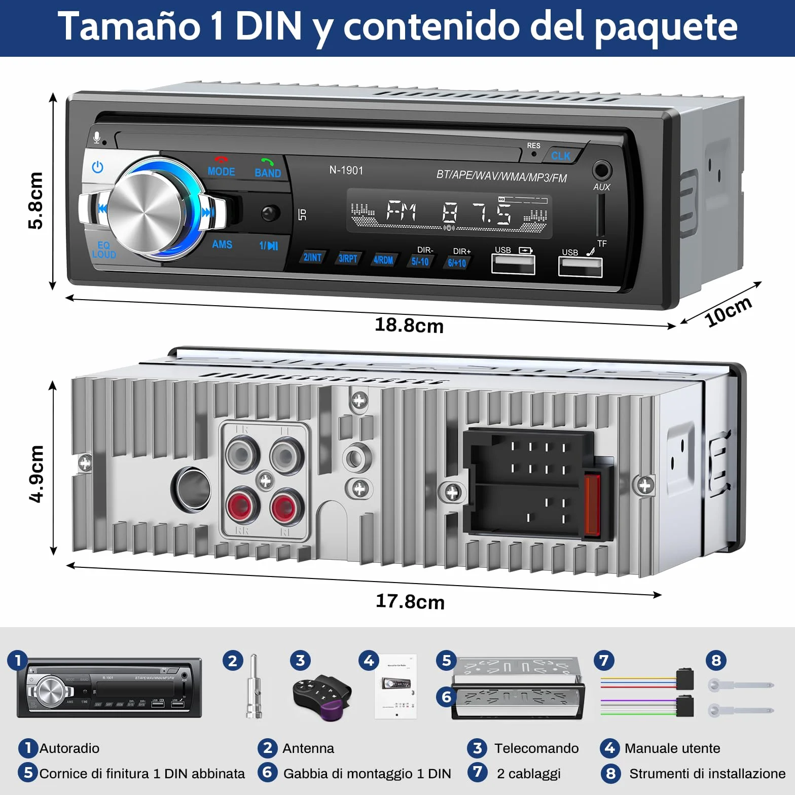 Radio Coche Bluetooth,Wistrue Radio Coche 1 DIN FM Autoradio Bluetooth soporta 2USB/AUX/SD/TF/Control Remoto/Carga Rápida, Compatible con iOS & Android (Sin CD/DVD)