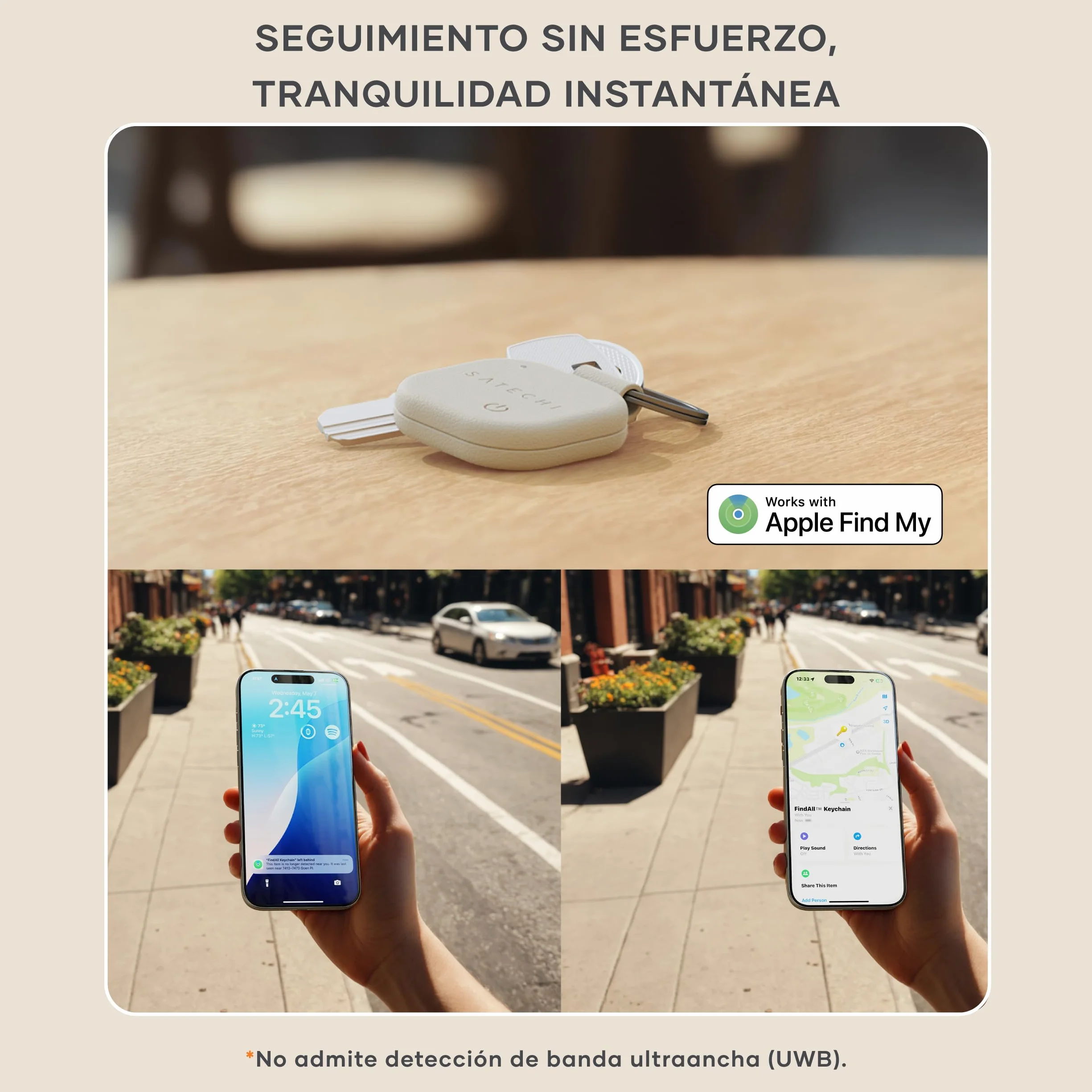 SATECHI FindAll Buscador de Llaves con Apple Find My, Carga Inalámbrica, Alerta de Olvido con Sonido Potente, Llavero GPS Localizador de Llaves para iPhone, iPad, Mac y más – Beige