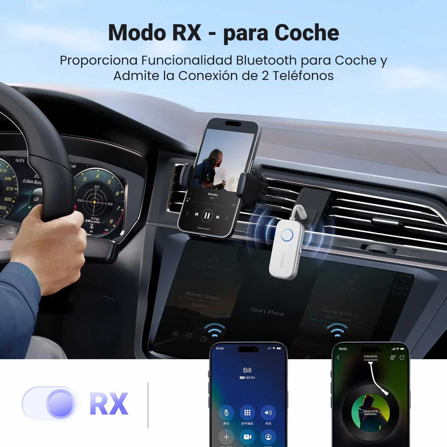 UGREEN Transmisor Receptor Bluetooth 6.0 Adaptador 2 en 1 Jack 3,5mm Audio para Coche Altavoz Auriculares Amplificador Móvil PC TV