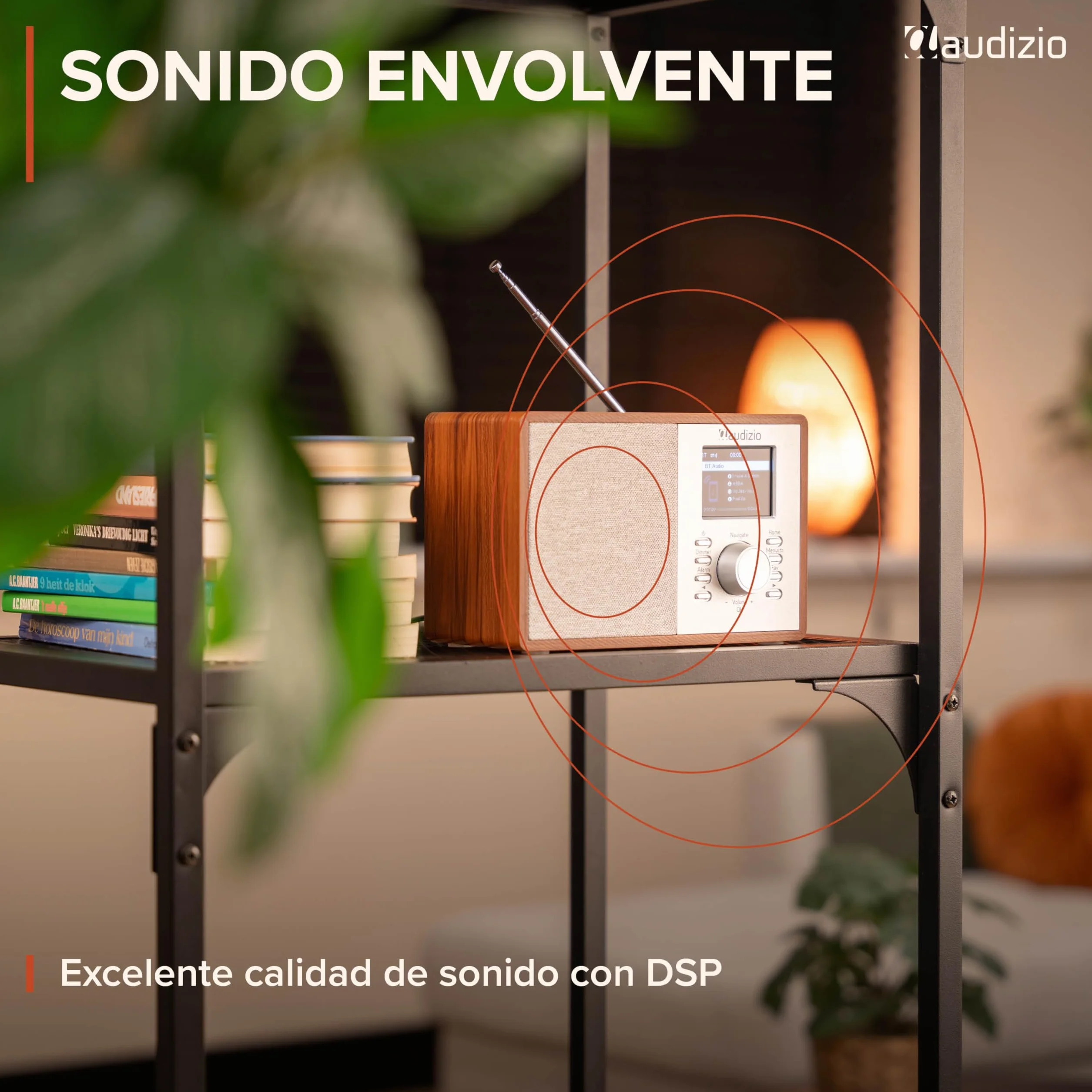 Audizio Cosa – Radio Dab+ FM Internet con Bluetooth 5.2, WiFi, 30W, Pantalla Color 2.4", Altavoz Radio Bluetooth con Entrada AUX y Salida Auriculares para casa y Oficina, Color Madera
