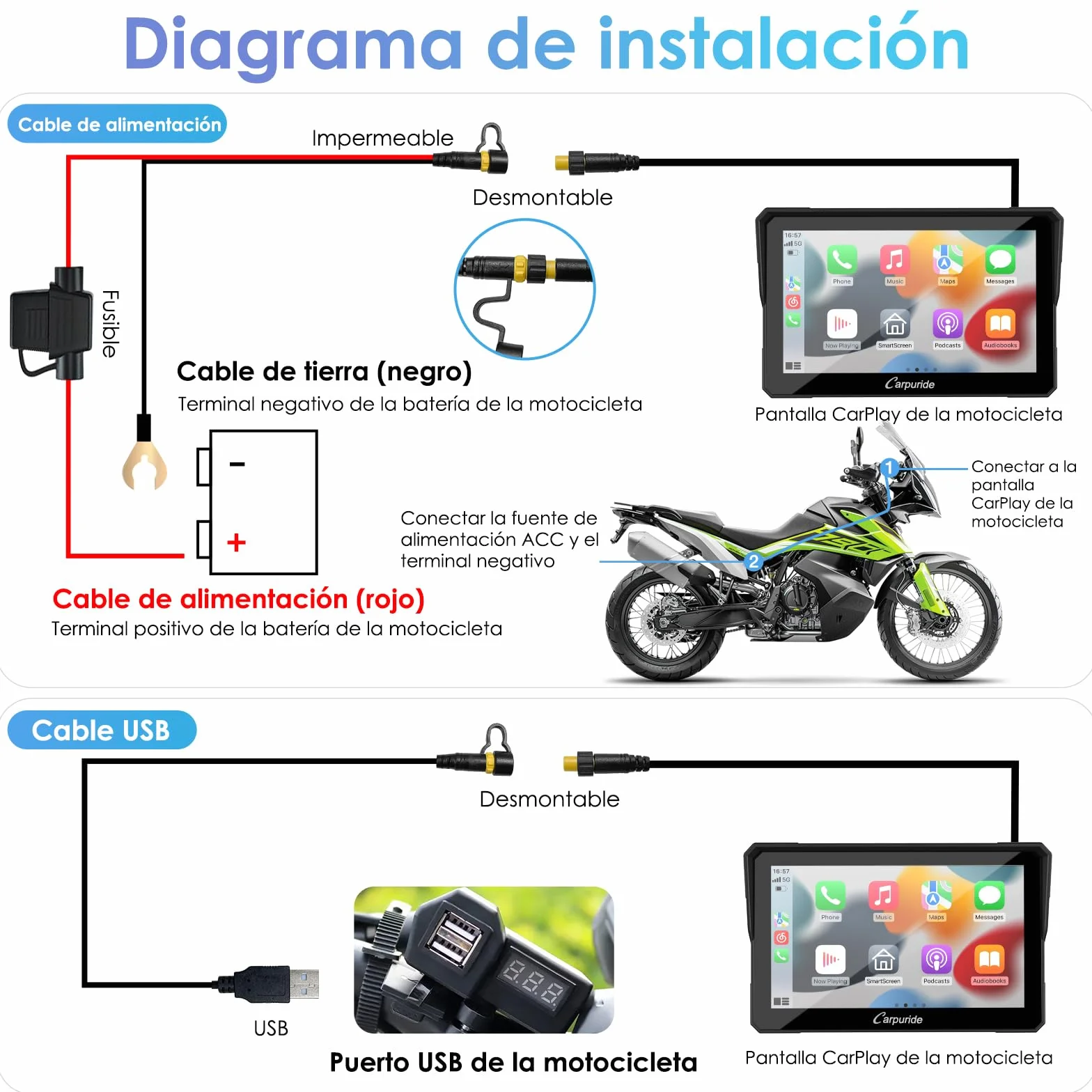 Carpuride W702 Pantalla GPS 7 Pulgadas CarPlay para Motocicleta - CarPlay Inalámbrico y Android Auto, Pantalla Táctil Impermeable, Bluetooth Dual, Navegación, Siri.