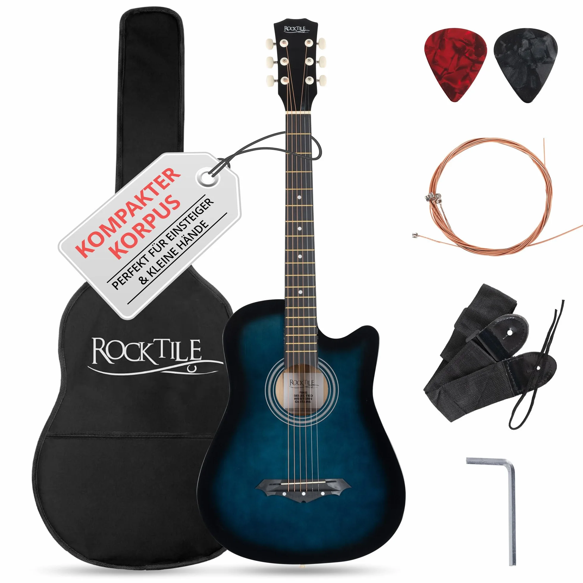 Rocktile WSD-5C-BUB Slim Line Set De Guitarras Western - Guitarra Acústica Dreadnought - Cuerpo De Tilo - Mástil: Catalpa - Set Incluye Funda, Cuerdas De Repuesto, Correa Y Púas - Blueburst
