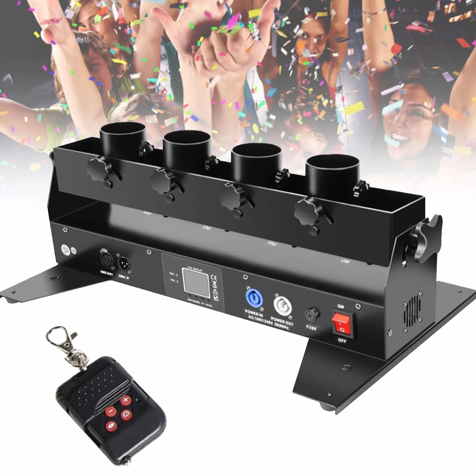 Máquina lanzadora de Confeti Profesional, máquina sopladora de Confeti de 4 Disparos, cañón de Confeti DMX/Control Remoto para Bodas, Discotecas, espectáculos, Clubes, escenarios y Fiestas