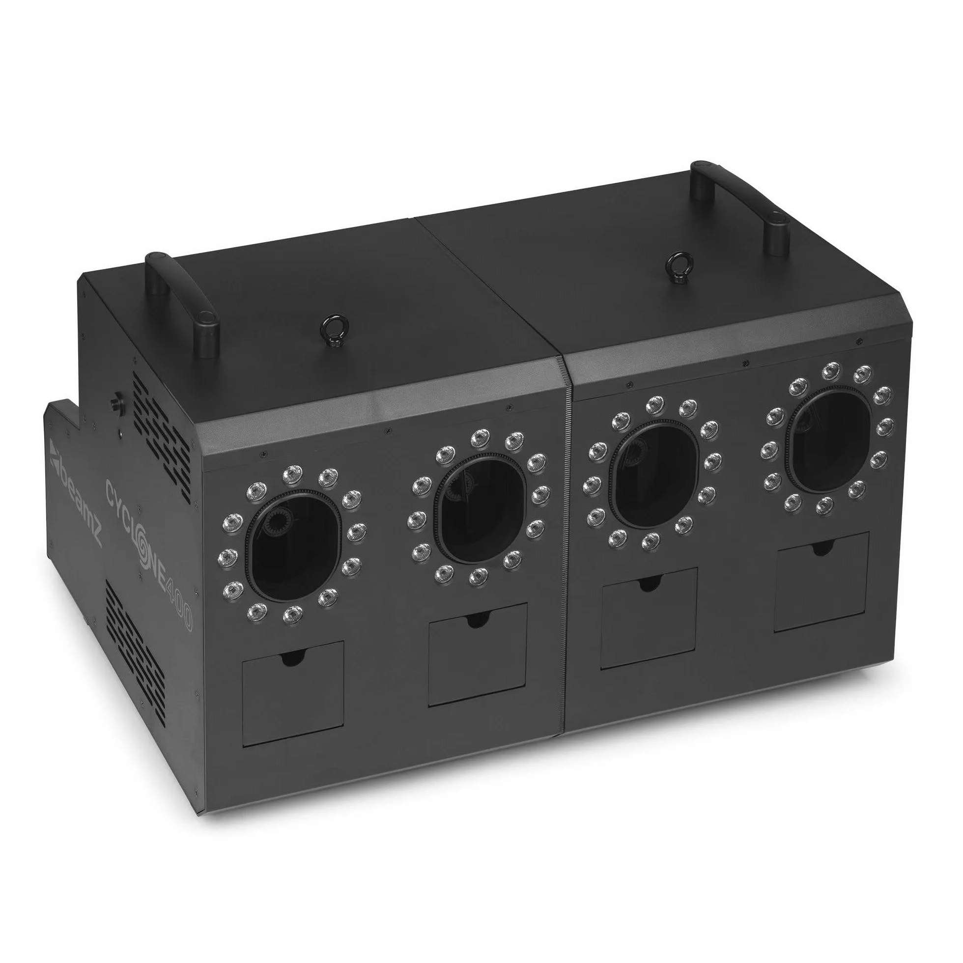 Beamz Cyclone400 - Máquina de Humo y Burbujas con 48 LED RGBW 500m³/min Control DMX Mando inalámbrico Efectos Especiales Fiestas Eventos Discoteca Halloween Decoracion Smoke Machine, Color Negro