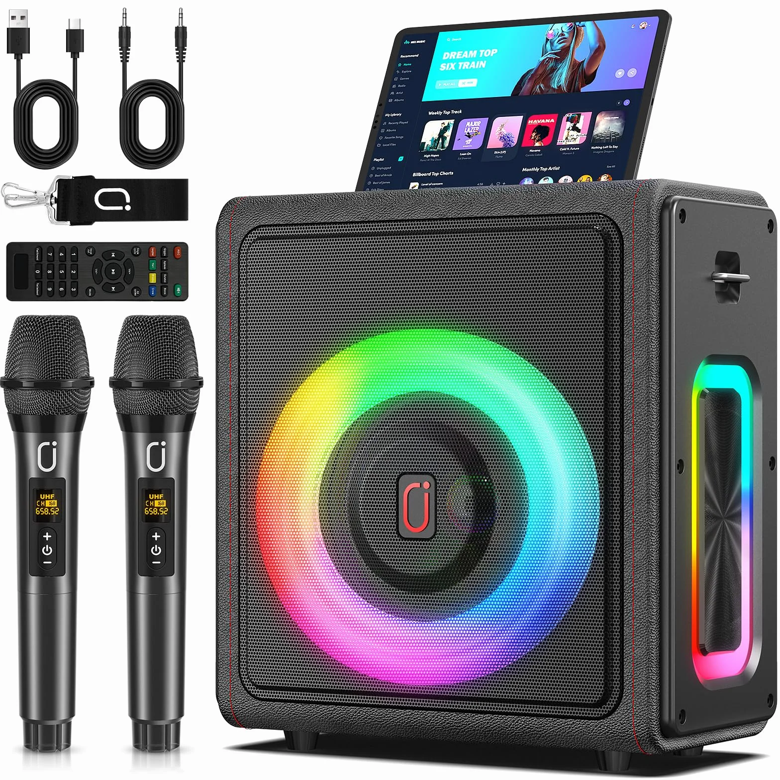 Máquina de Karaoke con micrófonos inalámbricos HWWR Karaoke con 2 Micrófonos para Adultos Niños, Karaoke Sistemas Accessoires utiles pour Micro (MS75-2Mics)