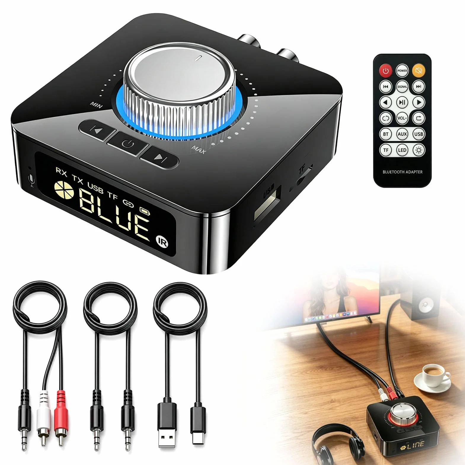 Receptor Bluetooth 6.0 HiFi, Emisor Receptor Audio con Pantalla LED, 2RCA y AUX 3.5mm, Lectura USB/TF, Manos Libres, Mando a Distancia para Equipo de Música, Coche, TV, Altavoces y Amplificador, PC