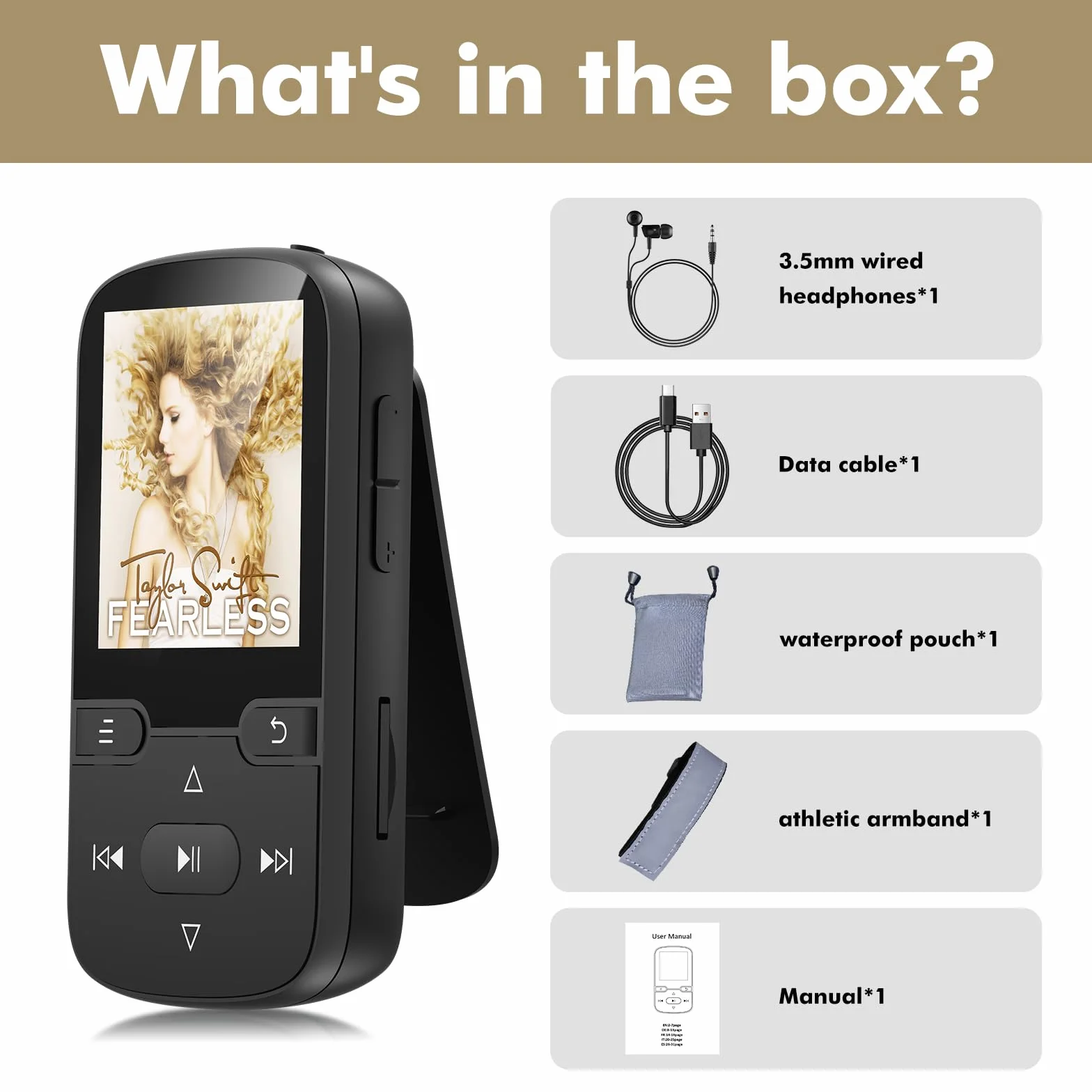 Reproductor MP3 Bluetooth 5.3 con Clip, Radio FM, Grabadora de Voz, 64GB, Deportes