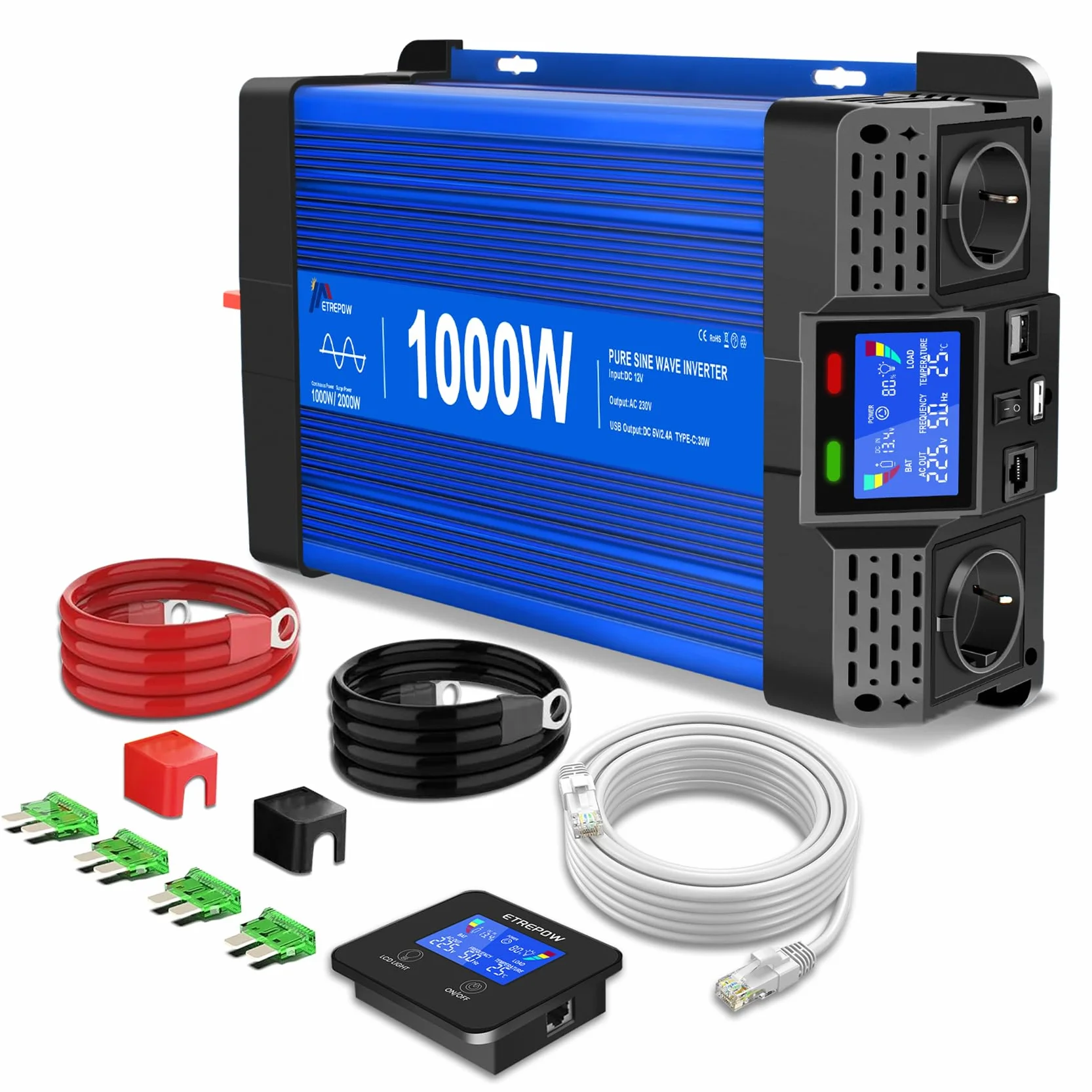 1000W/2000W Inversor 12v 220v Onda Pura con Mando a Distancia, 2 Tomas UE, 2 Puertos USB + Tipo-C, para electrodomésticos, caravanas, Camping Conversor de Voltaje.