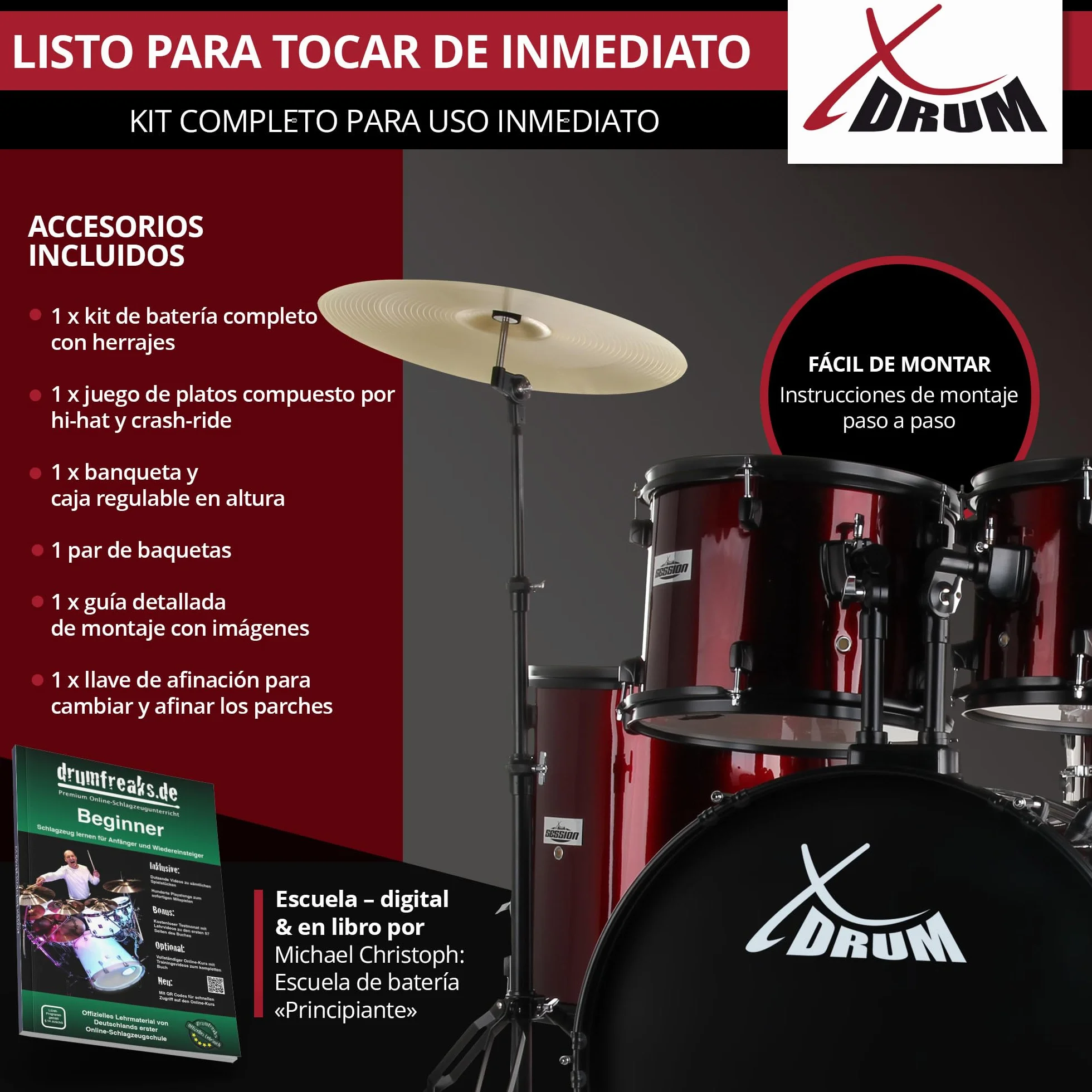 XDrum Rookie 22" Standard Juego Completo de Batería Ruby Red - Ideal para Principiantes - Hardware Estilizada en Negro - Incluye Baquetas 5B, Manual de Montaje y Escuela de Batería - Rojo