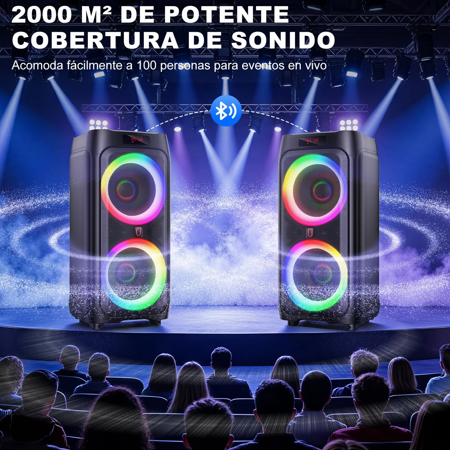 HWWR Karaoke con 2 Micrófonos Inalámbricos para Adultos,8" Altavoz Bluetooth Grande para Fiestas con 500W de Pico de Potencia, Ruedas Rodantes y Carro, Sistema PA con Luz LED Disco para Fiesta en casa