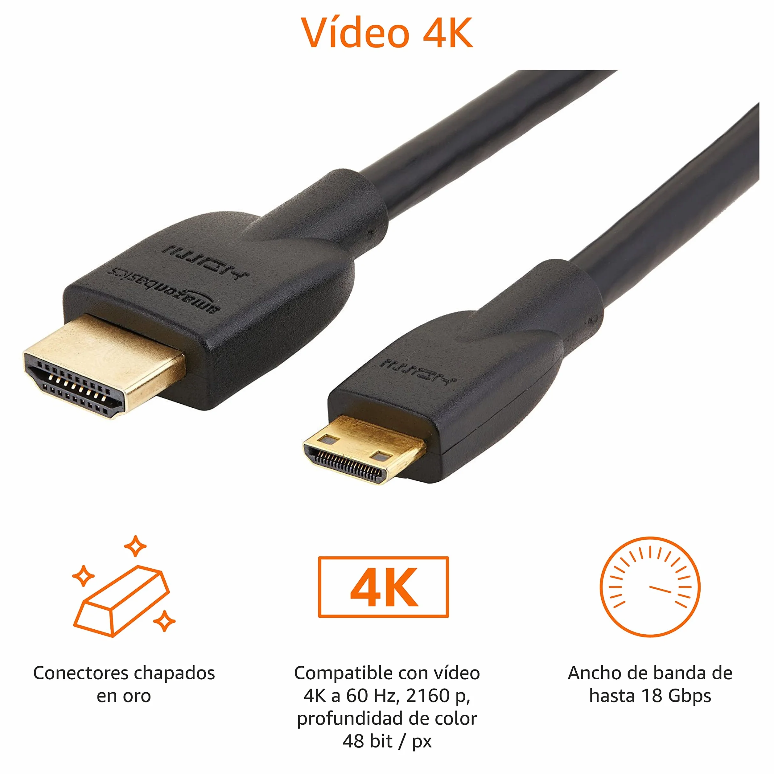 Amazon Basics Cable Mini HDMI de Alta Velocidad a HDMI 1.8 m Negro