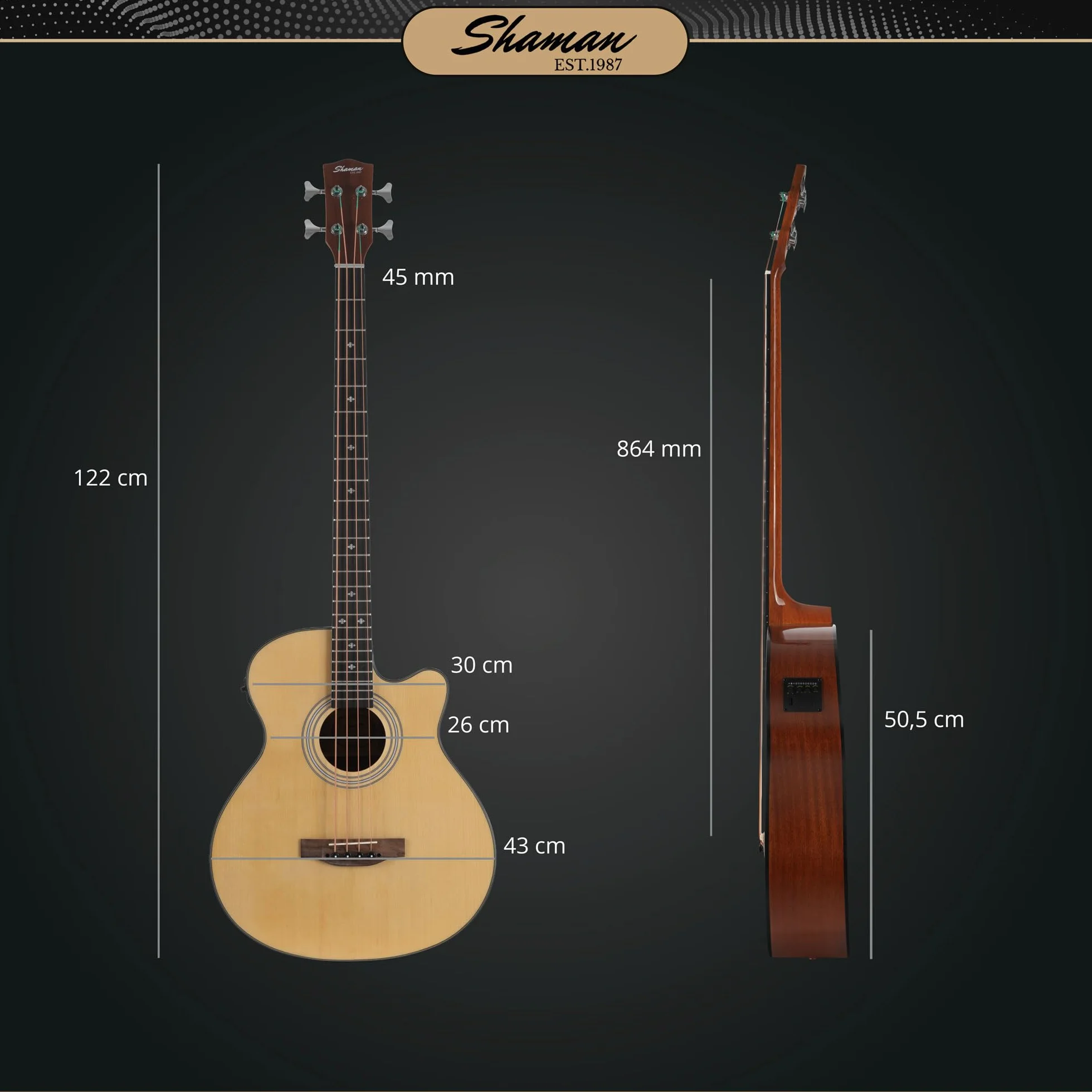 Shaman AB4-50CE Bajo acústico de 4 cuerdas - Tapa de abeto con cuerpo de caoba - Pastilla integrada con preamplificador y ecualizador de 2 bandas - Escala 34" - Acabado brillante - Natural