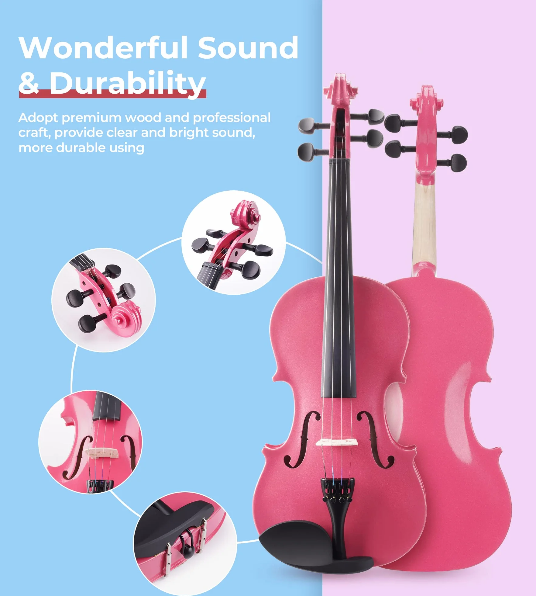 Vangoa 3/4 Violín Acústico Tres Cuartos Violin Set para Principiantes, Estudiantes, Niños con Estuche Colofonia Afinador Cuerdas Arco, Rosa