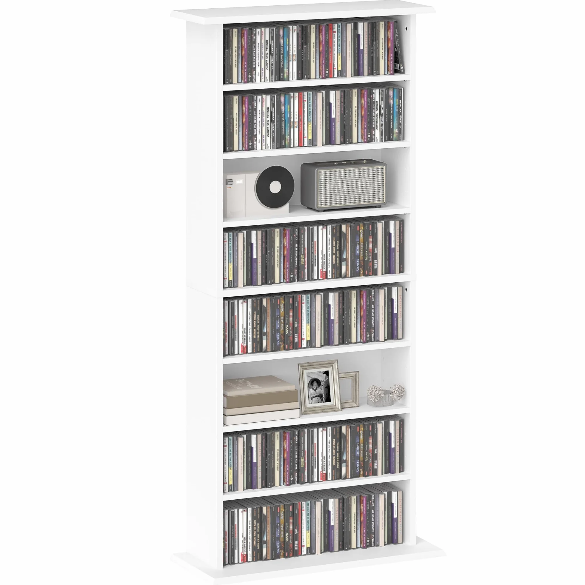 HOMCOM Estantería para CDs y DVDs Soportes para CD Estrechos con 8 Compartimentos Estantes Ajustables para Salón Oficina 58x24x126,3 cm Blanco