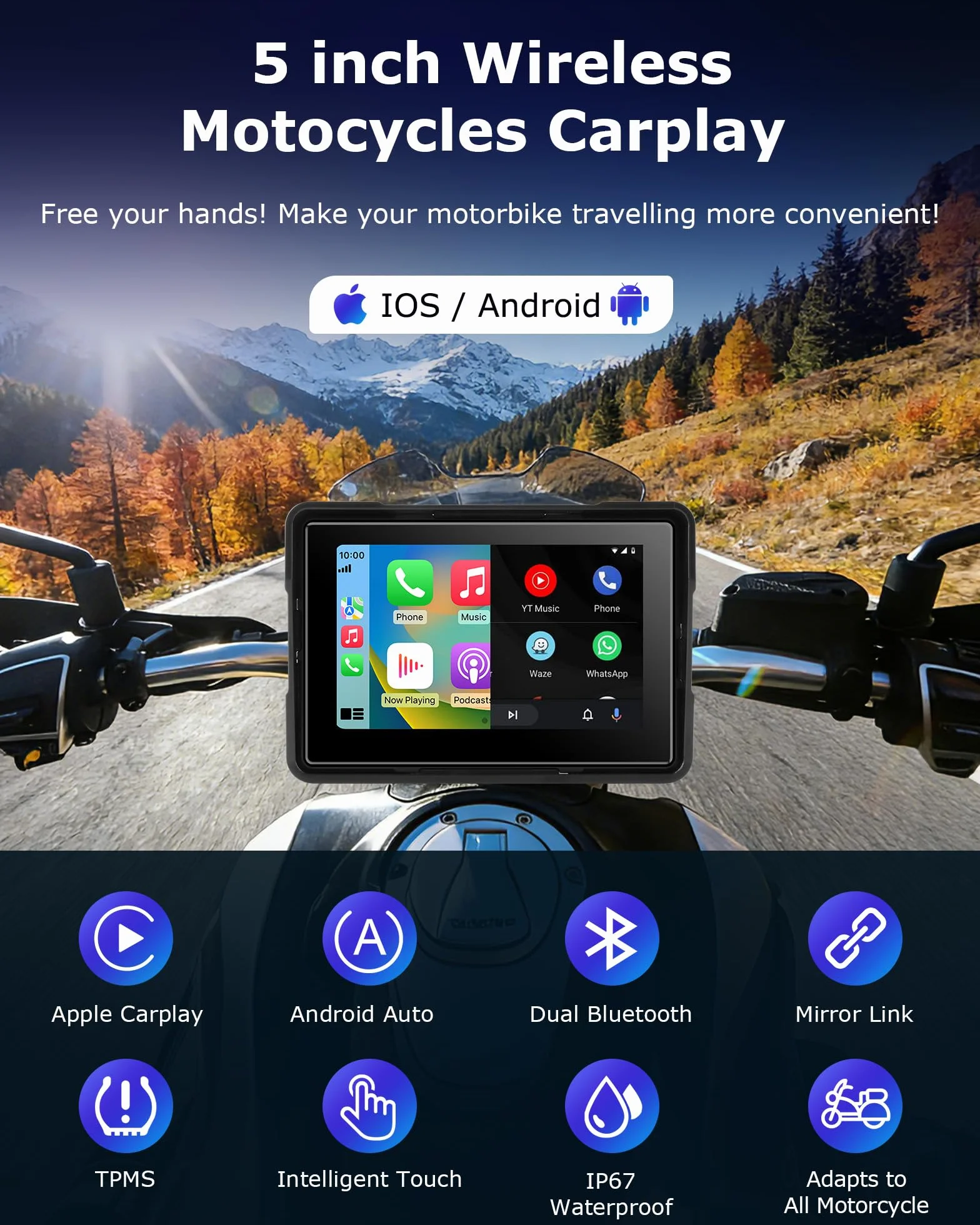 Jansite Pantalla Carplay Moto Android Auto 5 Pulgadas Navegador GPS TPMS IP67 Impermeable Inalámbrica