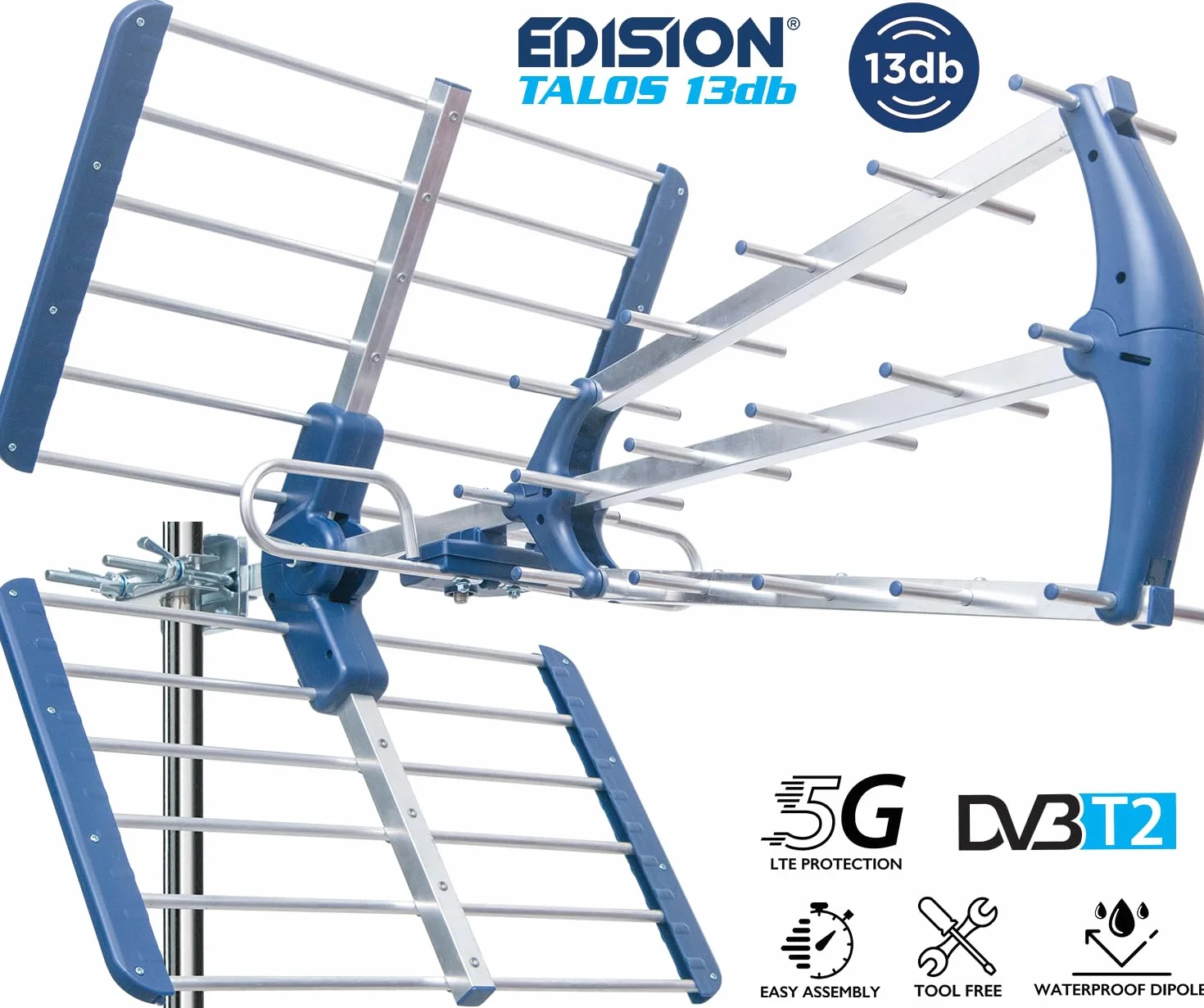 EDISION TALOS 13db Antena TDT UHF 21-48 Exterior Digital Terrestre con Filtro LTE 5G 470-694Mhz 101cm LTE700