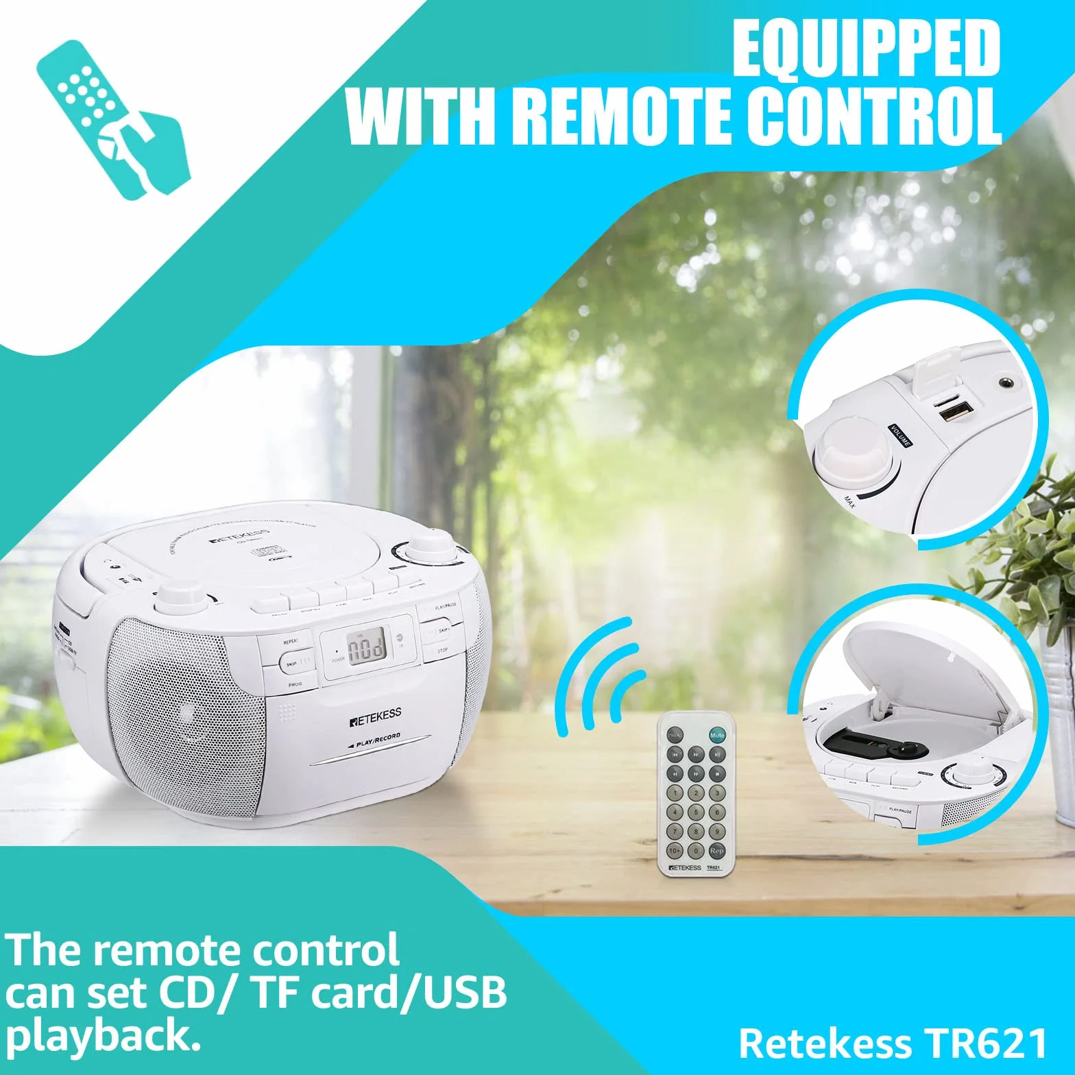 Retekess TR621 Radio CD Reproductor Boombox Stereo FM AM USB TF Grabación Control Remoto Blanco