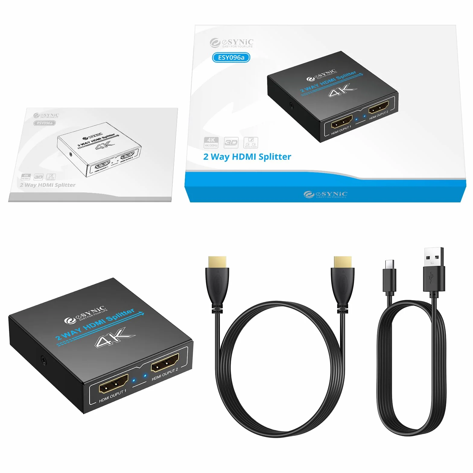 eSynic HDMI Splitter 4K/30HZ HDMI Amplificador 1 Entrada y 2 Salidas con Cable HDMI de 1 m y Cable USB-C HDCP 1.4 Soporta 4K& Full HD para HDTV PS4 Reproductor de BLU-Ray Laptop etc