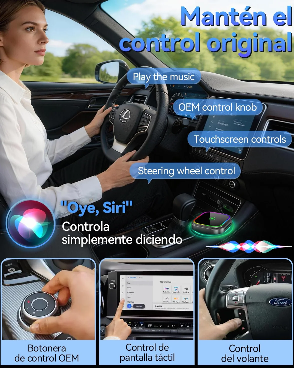 Unico Adaptador CarPlay Inalámbrico Convierte tu conexión por Cable en inalámbrica, diseño RGB 2026 para vehículos con Sistema Original, conexión rápida y Estable, Compatible con iPhone iOS 10+