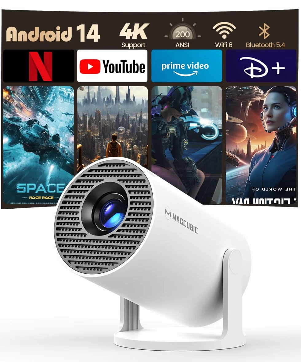 Proyector Portátil con Android 14, Mini Proyector 4k 1080P Full HD Soporte 200ANSI 8000L, Videoproyector WiFi 5G BT 5.4, Cine Projector 180 ° Se Puede Girar para TV Stick Blanco