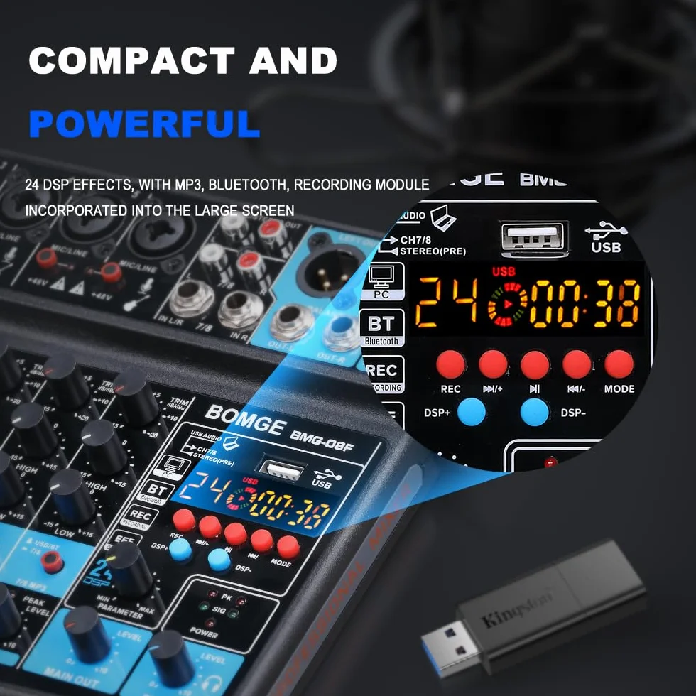 BOMGE Mini mezclador de audio de 8 canales, CC 5 V, con reproductor de MP3, Bluetooth, U disco 48 V, efectos 24DSP, grabación USB, ideal para clubes pequeños o bares, grabación de estudio (8 canales