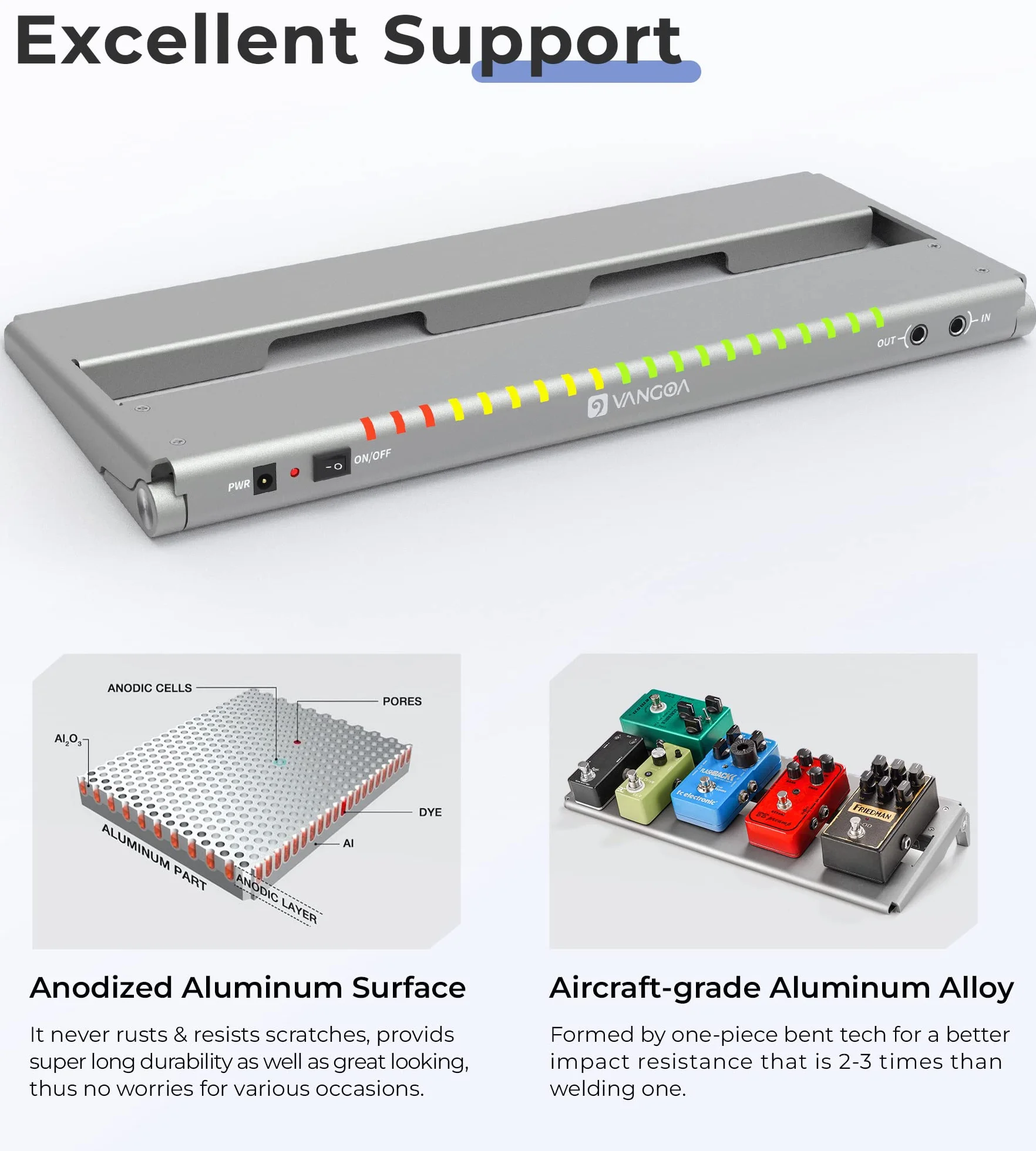Vangoa Pedalera de guitarra con fuente de alimentación aislada incorporada, VPPD-S pedalboard eléctrica portátil pequeña y plegable de aluminio con bolsa de transporte, 41x16.5cm,1.3 kg,gris