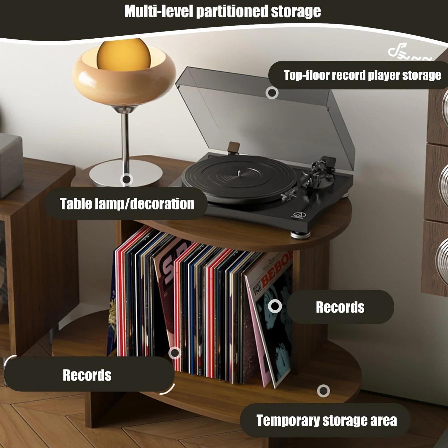 Soporte para Tocadiscos de 2 Niveles, Mesa para Discos de Vinilo para Discos, Muebles de Grabador, Estantería para Estudio, Dormitorio, Estilo Industrial(Negro)
