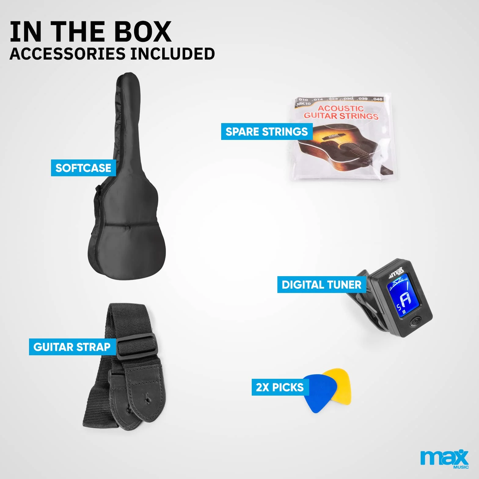 MAX Showkit Guitarra Electroacústica Madera Clara con Cuerdas de Acero de Repuesto, Amplificador, Funda, Afinador, Correa y 2 Púas – Pack Completo Ideal para Principiantes, Ensayos o Regalo