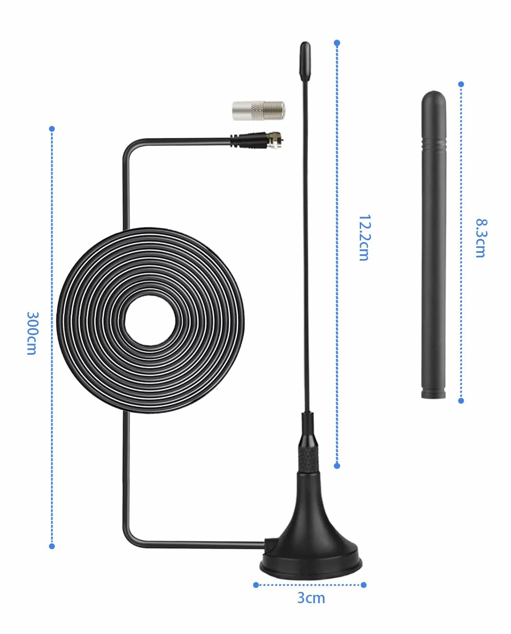 Vecys Antena de TV Digital DVB-T de 2 dBi Mini con Base Magnética y Dos Varillas de Repuesto Antena Interior de 50 Millas Cable Coaxial RG174 de 9.84ft para Dispositivos DVB-T